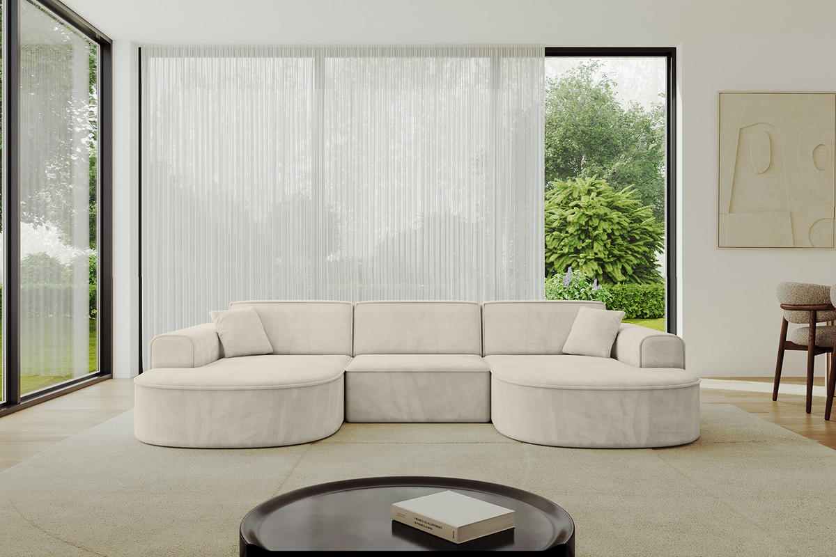 WOHNLANDSCHAFT MARI-U1 - 303x171x79 cm Ecru Velours - Ecru/Schwarz, Holzwerkstoff/Kunststoff (303/79/171cm) - ALTDECOR