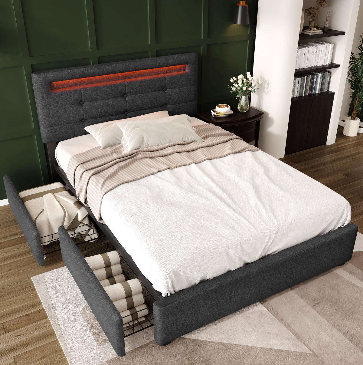 POLSTERBETT 90/200 cm Grau aus Leinen mit LED-Beleuchtung und 2 Schubladen - Grau, Textil (90/200cm) - OKMYHOME