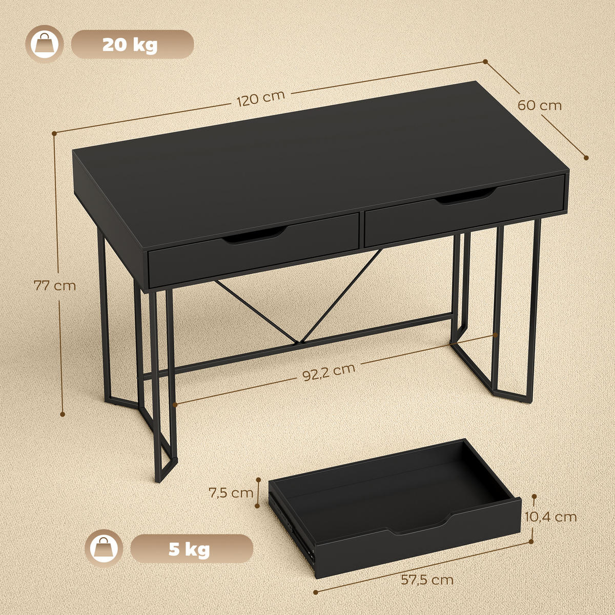 BÜROTISCH Schwarz 1 Stück - Schwarz, Holzwerkstoff (60/120/77cm) - GiPP