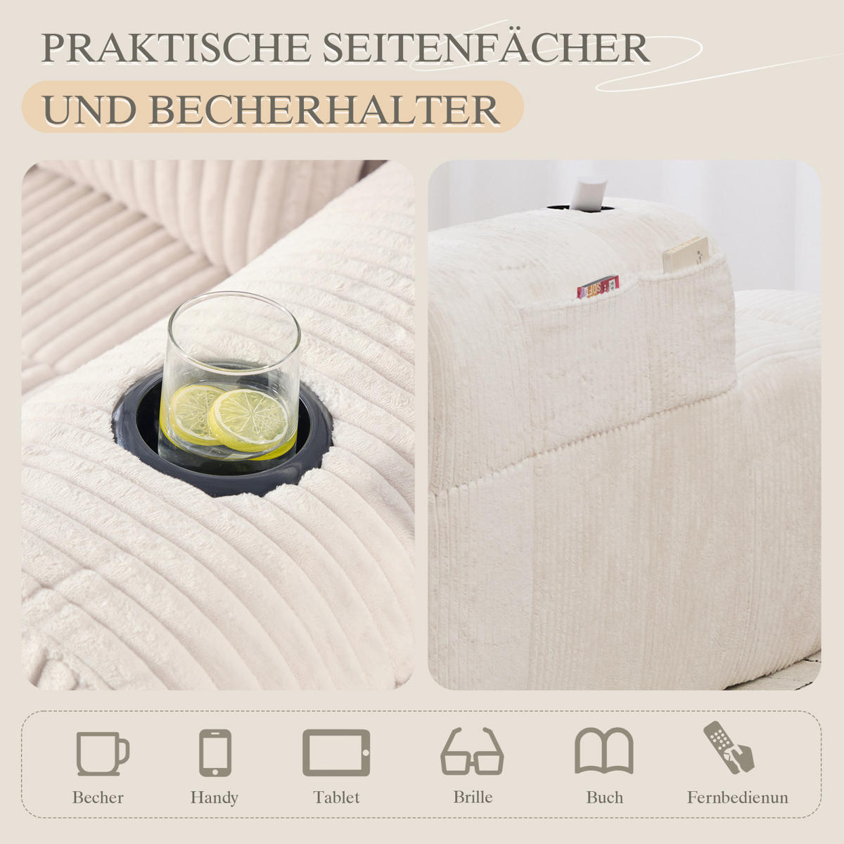 SOFA Beige, Relaxsessel Cord mit Getränkehalter und Seitentasche, ohne Montage - Beige, Textil (158/61/93cm) - PARAFTA HOME
