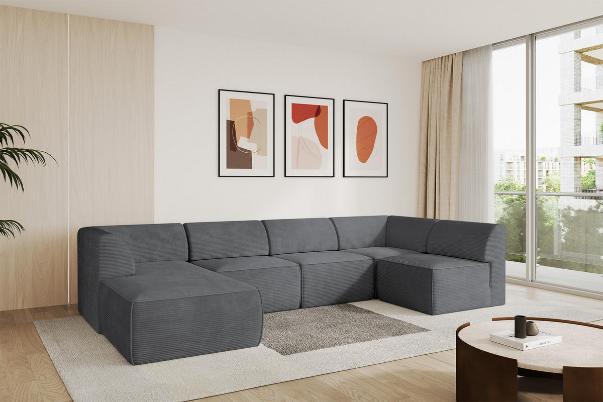 WOHNLANDSCHAFT Ottomane Links MOVO-L 345x180x78 cm Dunkelgrau Cord - Dunkelgrau, Holzwerkstoff/Kunststoff (345/78/180cm) - ALTDECOR
