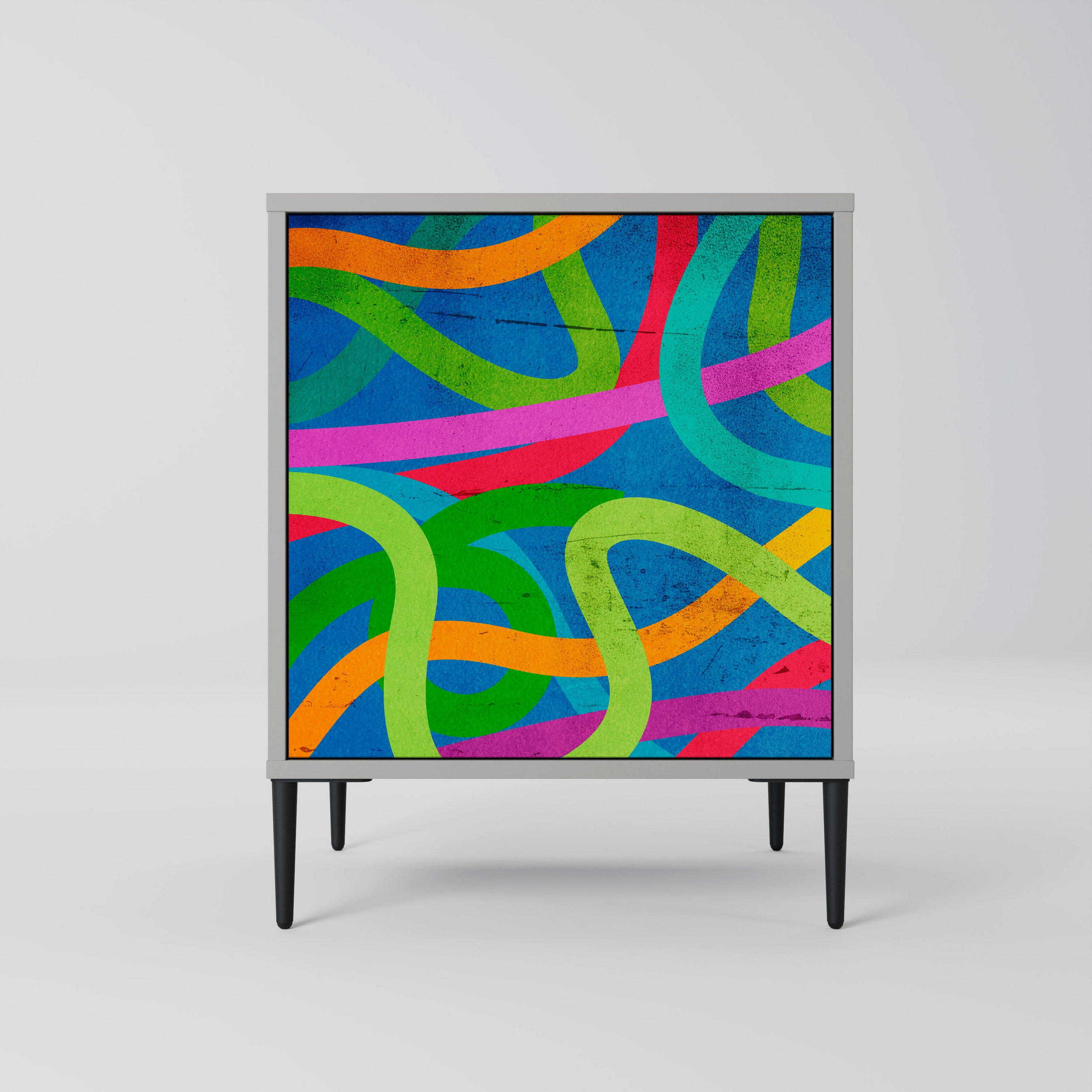 SIDEBOARD STREAMER TANGLE, Grau, 57,5x42x72,5 cm, Schwarze Metallfüße - Multicolor/Schwarz, Holzwerkstoff/Metall (57.5/72.5/42cm) - SpaceRebels