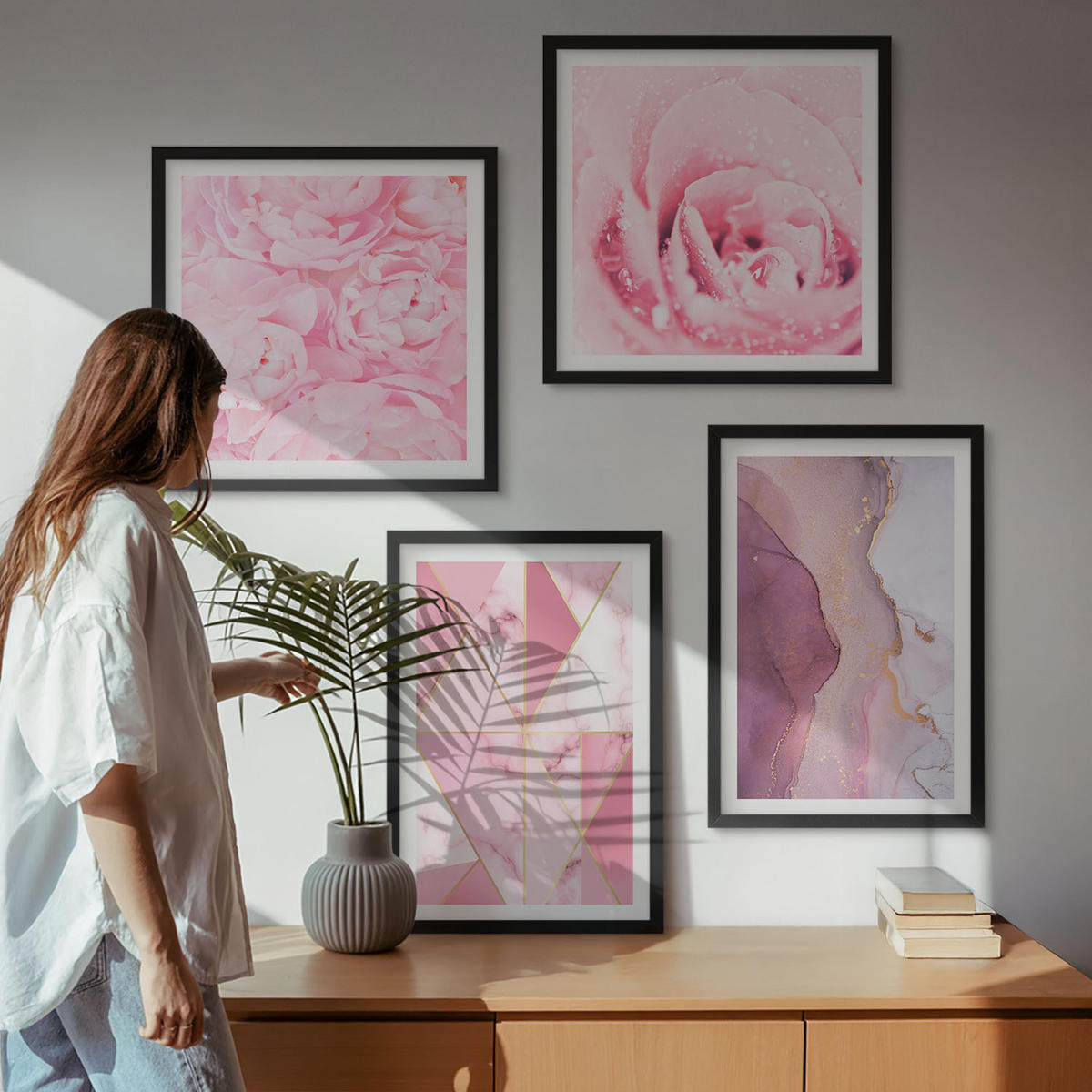 WANDBILDER 4er-Set - 50x50 cm & 40x60 cm Schwarzer Rahmen - Rosa geometrische Pfingstrosen - Schwarz, Kunststoff (50/50cm) - ArtPrintCave