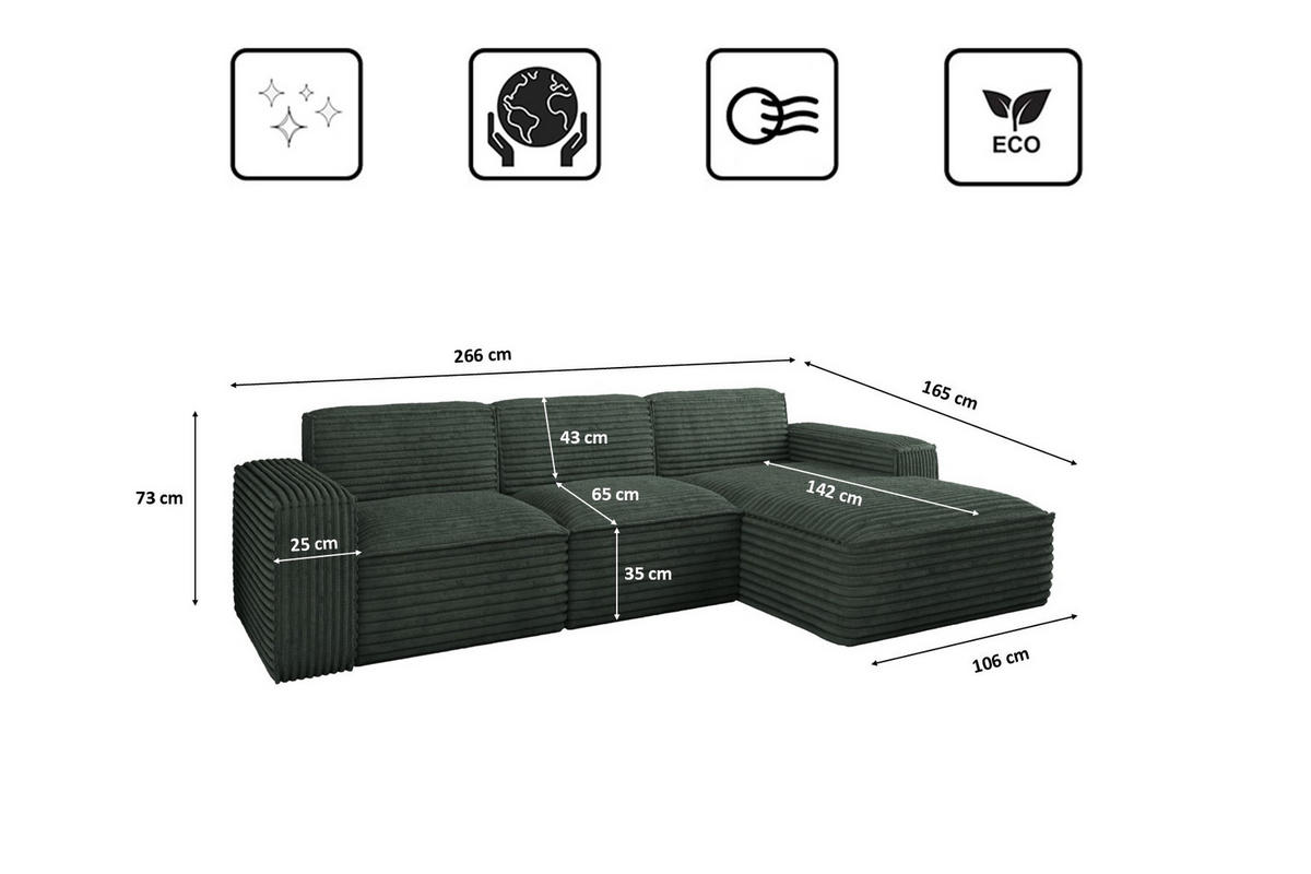ECKSOFA L-Form Siena Stoff Velo Grün Rechts - Grün, Holz/Kunststoff (266/165cm) - Kaiser Möbel