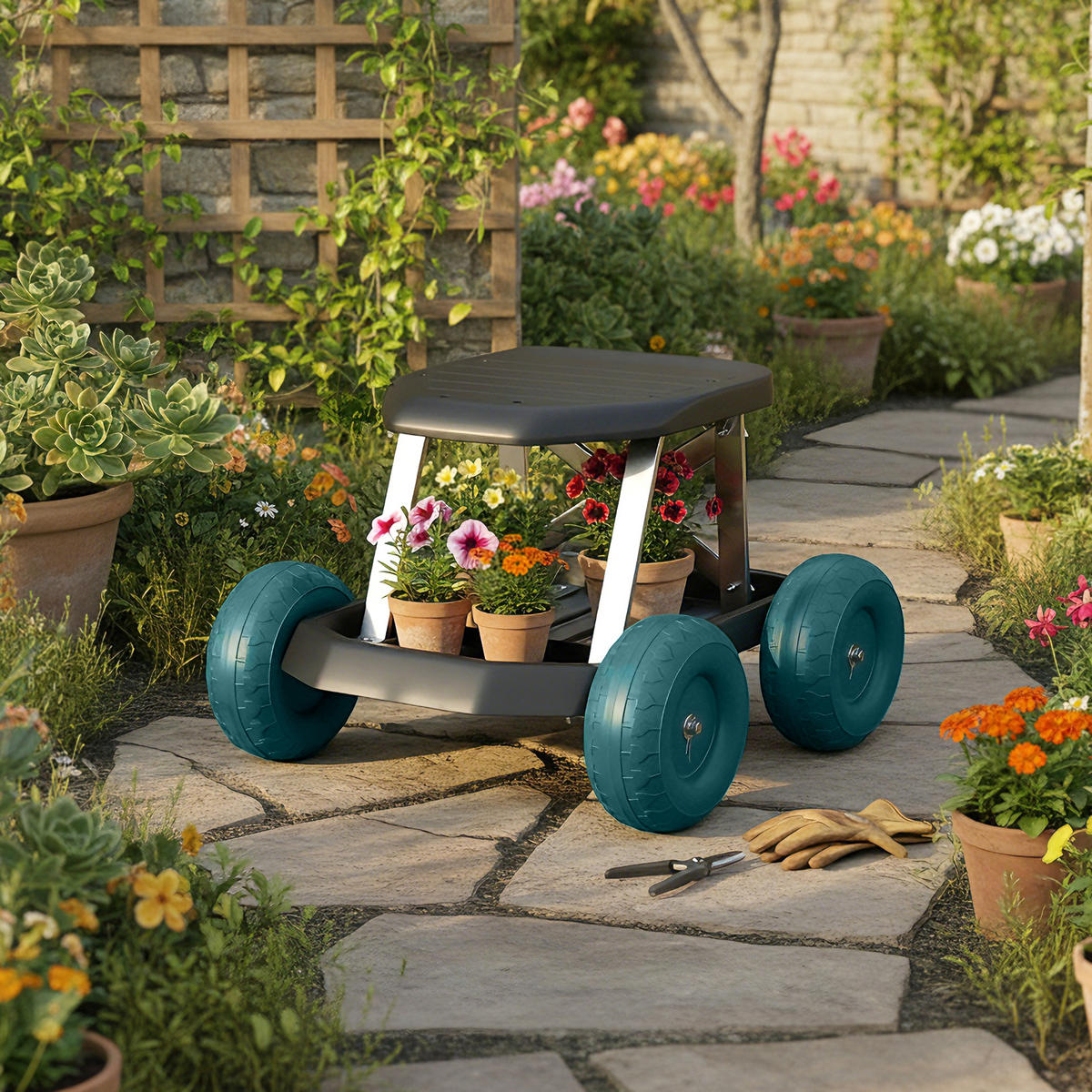 GARTENROLLSITZ DE-13843 mit Werkzeugablage Dunkelgrün - Dunkelgrün, Kunststoff (49/32/50cm) - ComfortXL