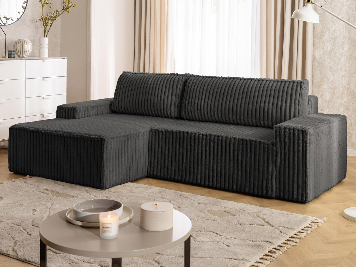 ECKSOFA Rivio mit Schlaffunktion und Bettkasten, Plüschcord Dunkelgrau - Dunkelgrau/Schwarz, Holz/Kunststoff (149/262cm) - S-Style