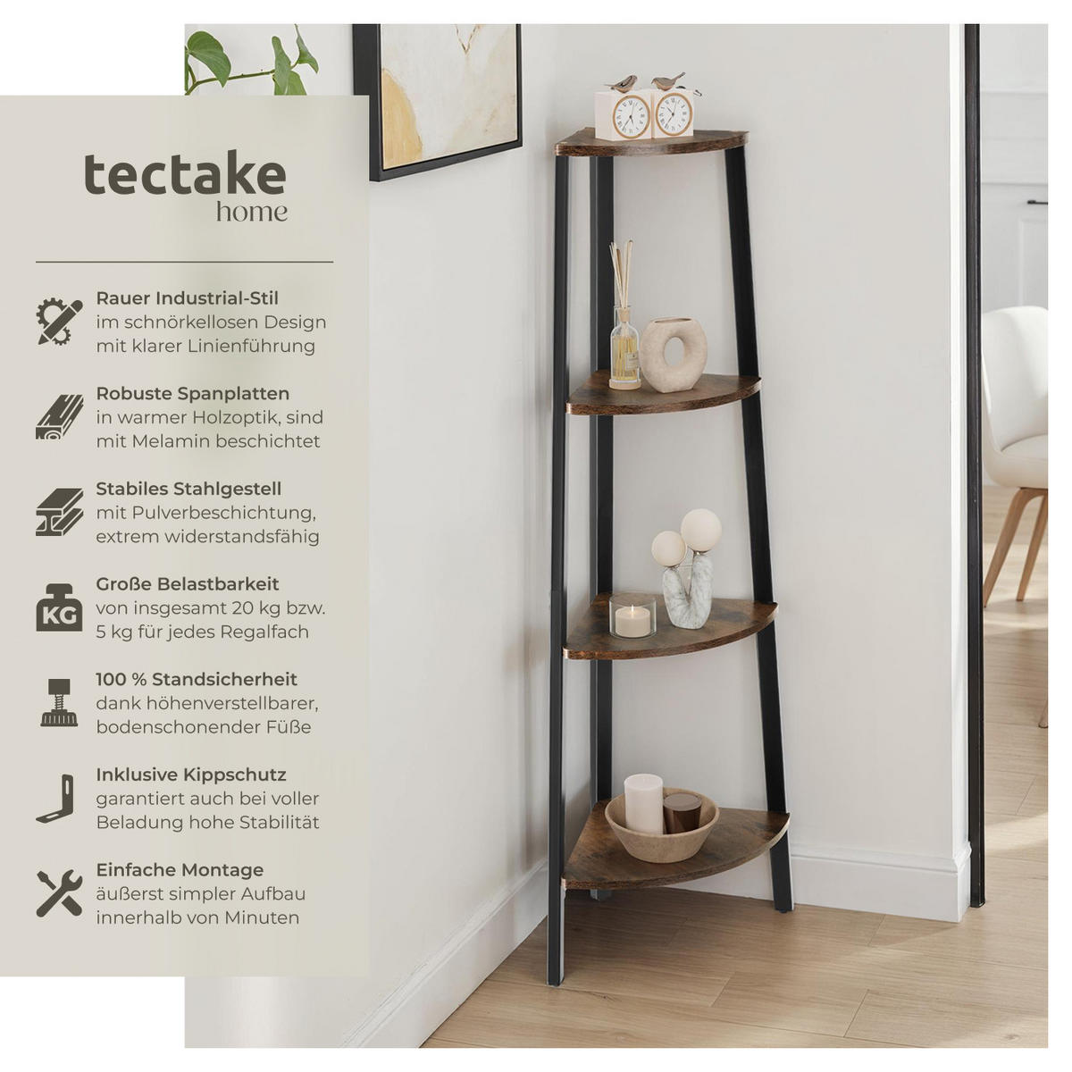 ECKREGAL Newbridge,inklusive Kippschutz, 34 x 34 x 125 cm,Industrial Holz dunkel, rustikal - Rostfarben, Holzwerkstoff (34/125/34cm) - tectake