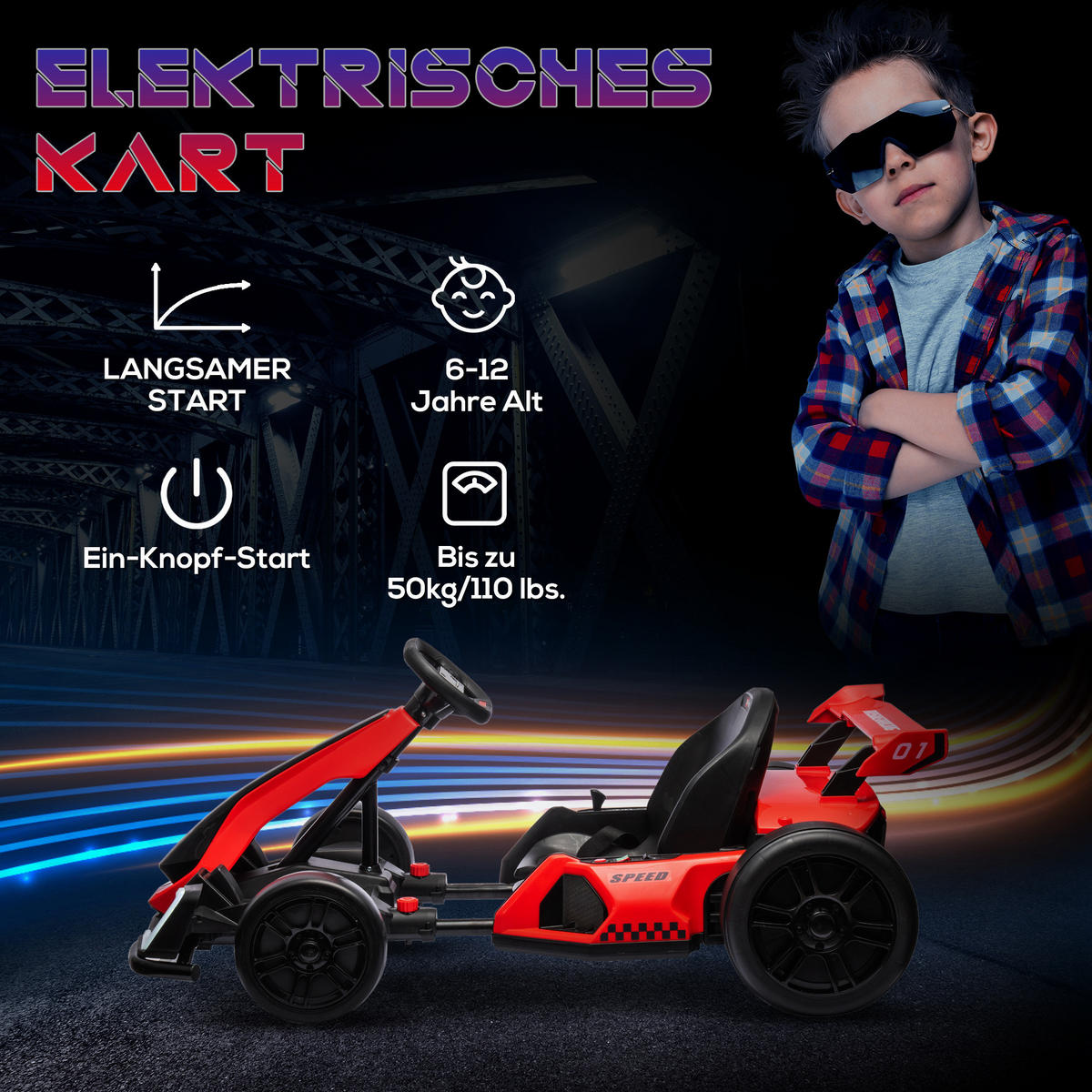 KINDER-ELEKTROGOKART 24V Motor Rot+Schwarz, Kunststoff, Metall - Rot, Kunststoff (120/76/53.5cm) - HOMCOM