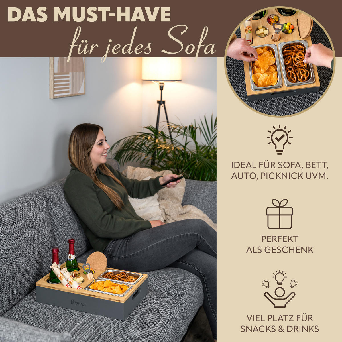 COUCHBAR mit abnehmbarem Deckel, Bambus, grau - Grau, Holz (26/8/40cm) - eluno