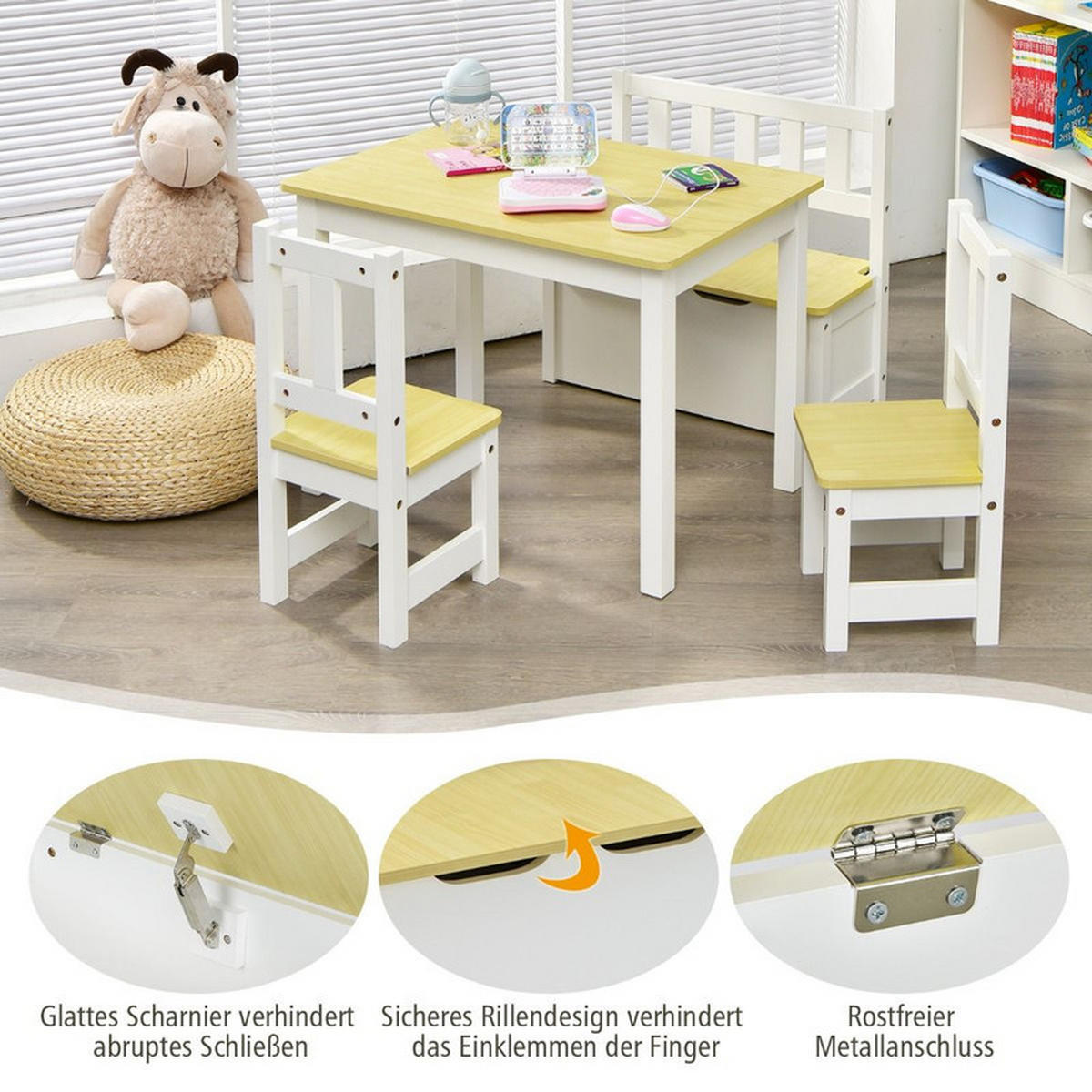 KINDERSITZGRUPPE mit Stauraum natur(4-tlg) - Naturfarben, Holzwerkstoff (70/51/48cm) - COSTWAY