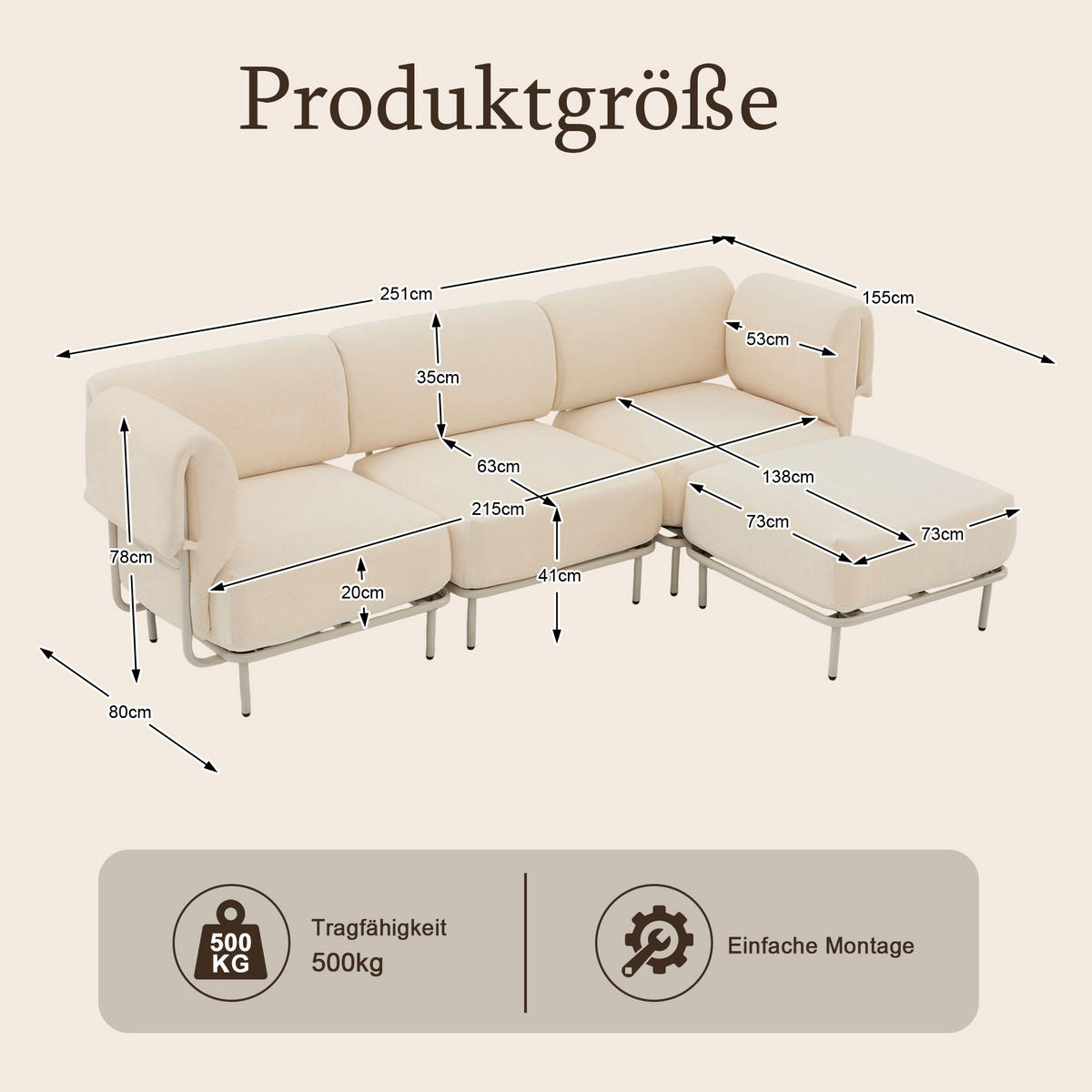 ECKSOFA 251/155/78 cm Beige Chenille mit 1 Fußhocker - Beige/Schwarz, Textil (155/251cm) - Oxeza