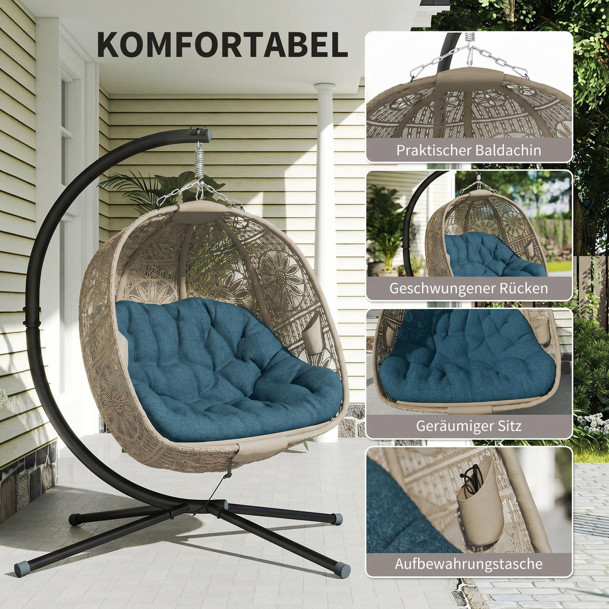 ZÁVĚSNÉ KŘESLO, ocel, polyester, černá - černá/písková barva, kov/plast (126/172/132cm) - Outsunny