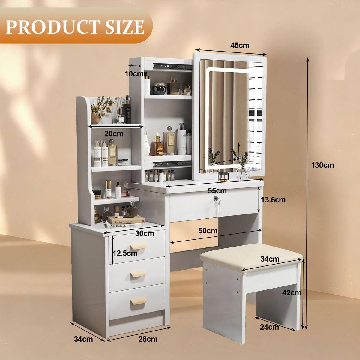 SCHMINKTISCH mit LED-Spiegel und gepolstertem Hocker, dreifarbig verstellbare Beleuchtung, 85 × 130 × 36 cm - Weiß, Holzwerkstoff (36/130/85cm) - Vallsero