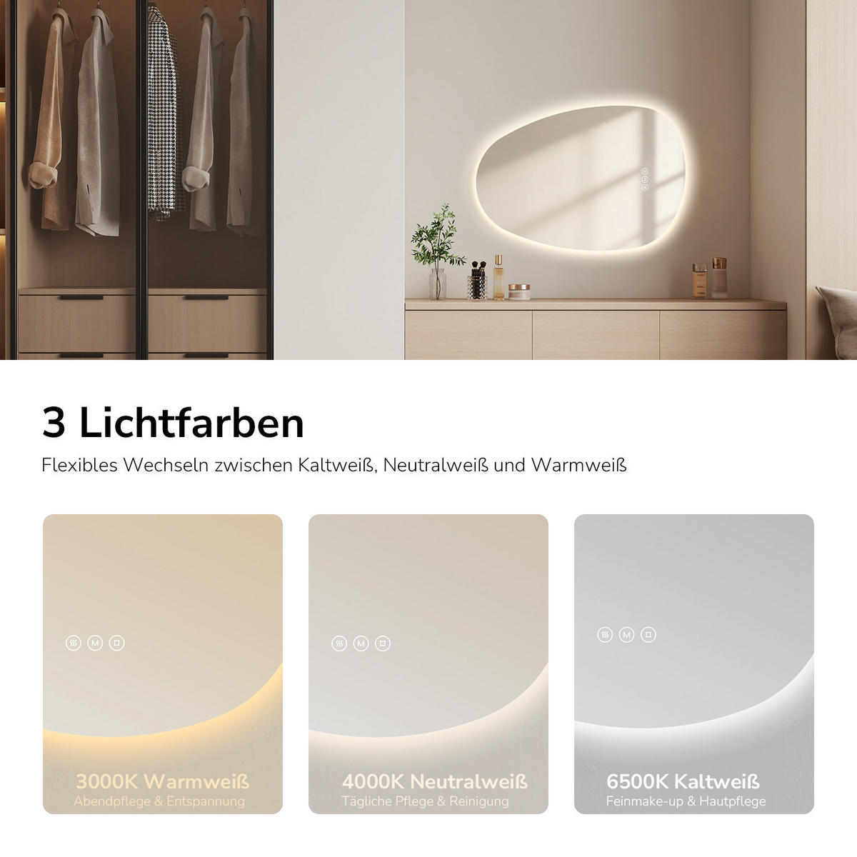 BADSPIEGEL asymmetrisch mit LED-Beleuchtung, Antibeschlag, 65/45/2,5 cm - Transparent, Glas (65/45/2.9cm) - EMKE