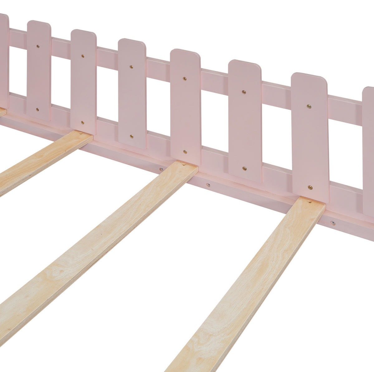 HAUSBETT aus Kiefer und MDF 140x200 cm Rosa mit Hausrahmen und Sicherheitsgeländer - Rosa, Holzwerkstoff (140/200cm) - Modfu