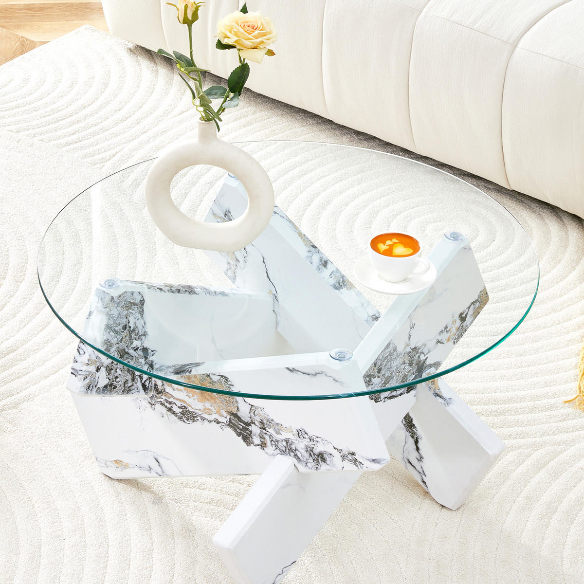KONFERENČNÍ stolek 79/79/45 cm transparentní a bílý z MDF a skla s křížovou podnoží - čirá, kompozitní dřevo (79/79/45cm) - OKWISH