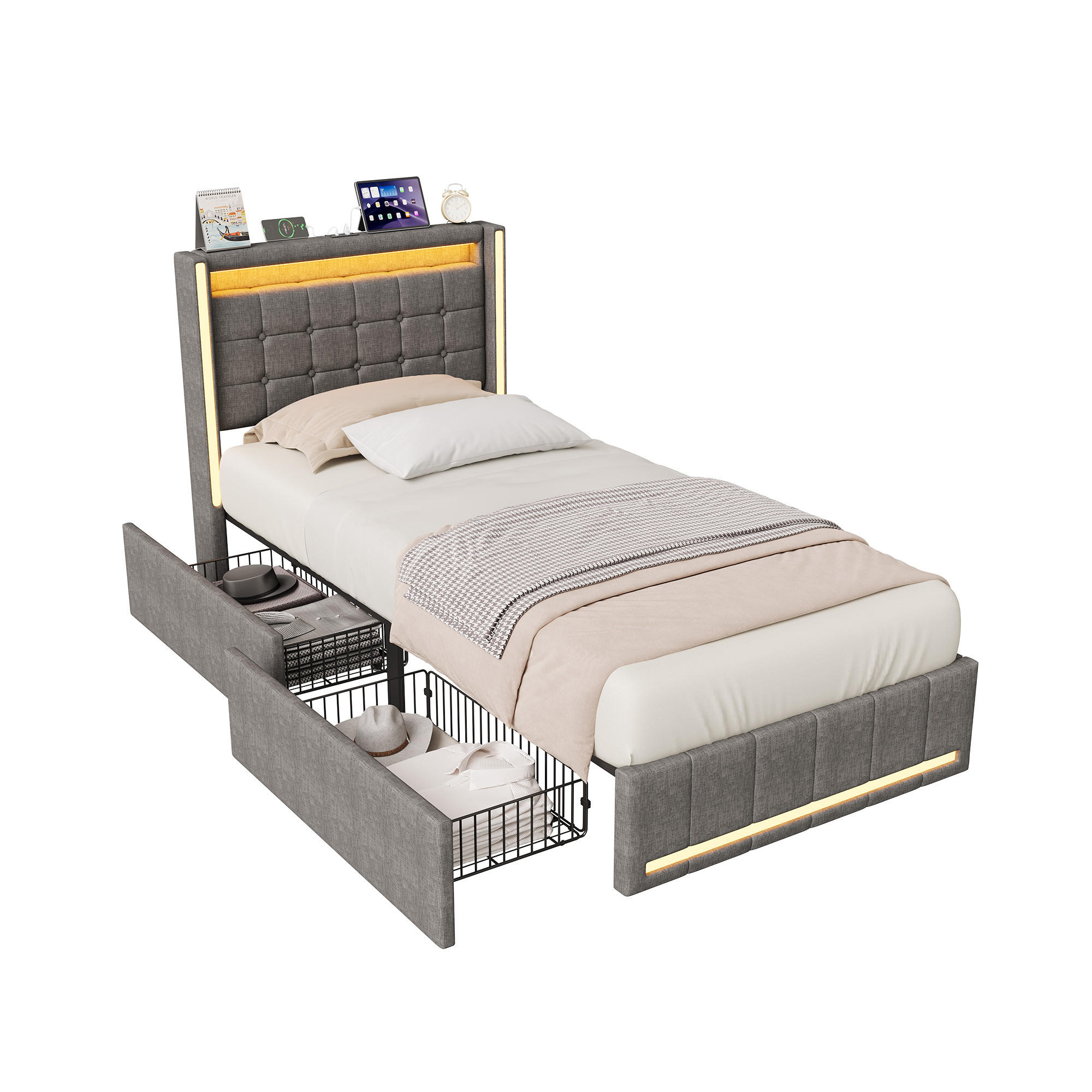 POLSTERBETT 90x200 cm Grau mit LED, Stauraum-Kopfteil & 2 Schubladen - Grau, Holz (90/200cm)
