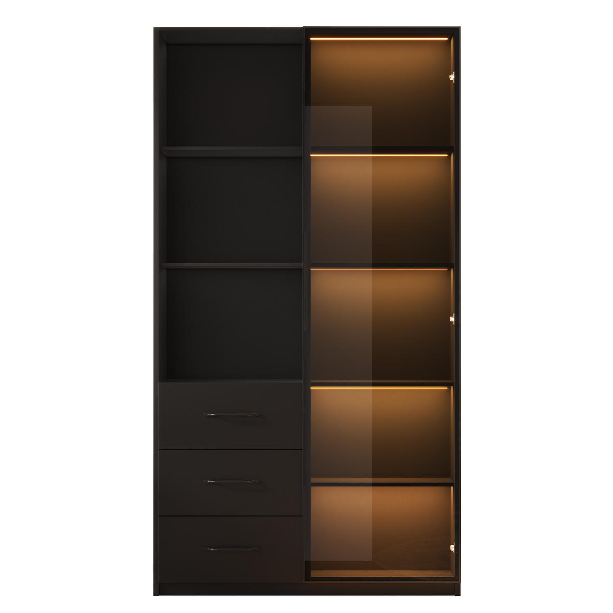 VITRINE 80cm Glas LED 3 Schubladen 3 Fächer modern - Schwarz, Holzwerkstoff (80/160/40cm) - FLIEKS