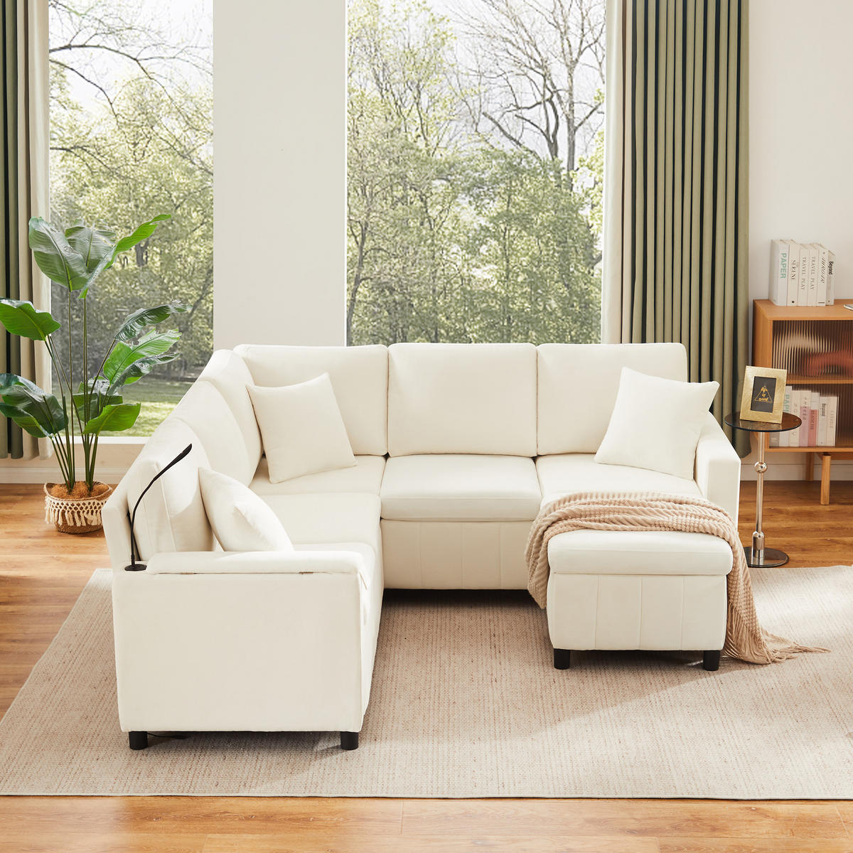 SOFA Beige Ecksofa Chenille USB Schlaffunktion Couchtisch 205cm - Beige, Textil (205/85/205cm) - FLIEKS
