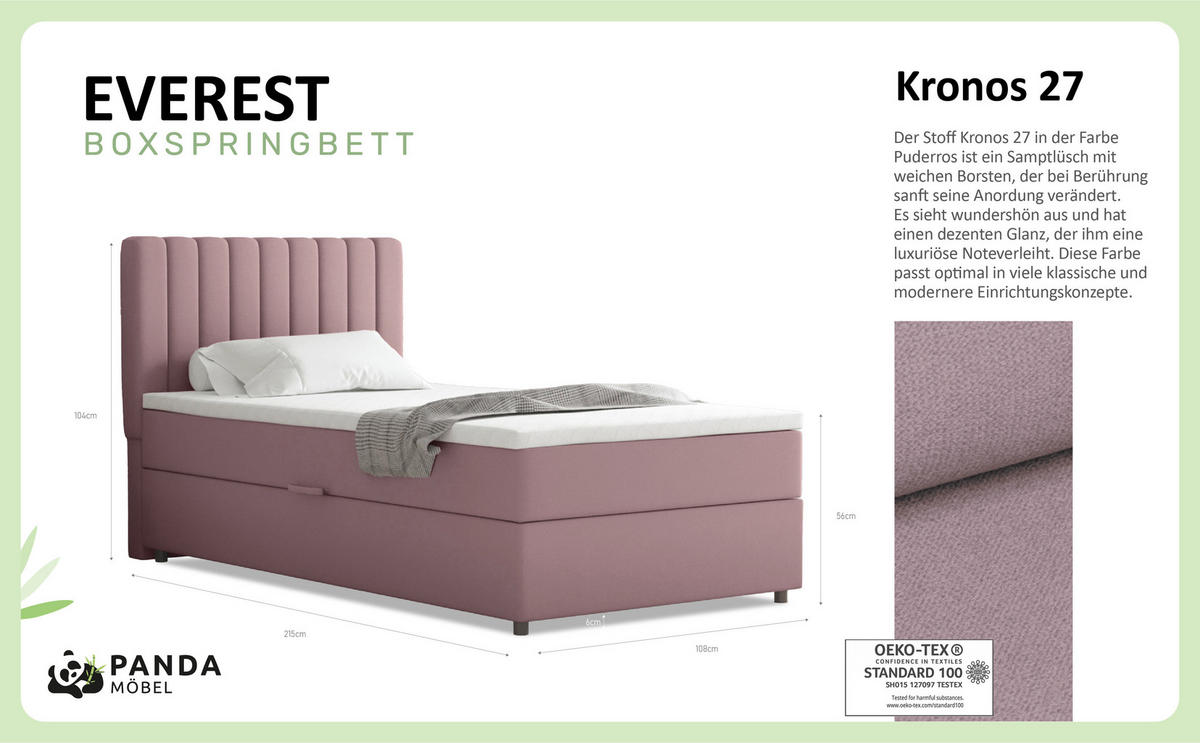 BOXBETT Everest 100 x 200 cm Einzelbett mit hochwertiger Bonell-Matratze und Topper - Rosa, Holz (100/200cm) - Panda Möbel