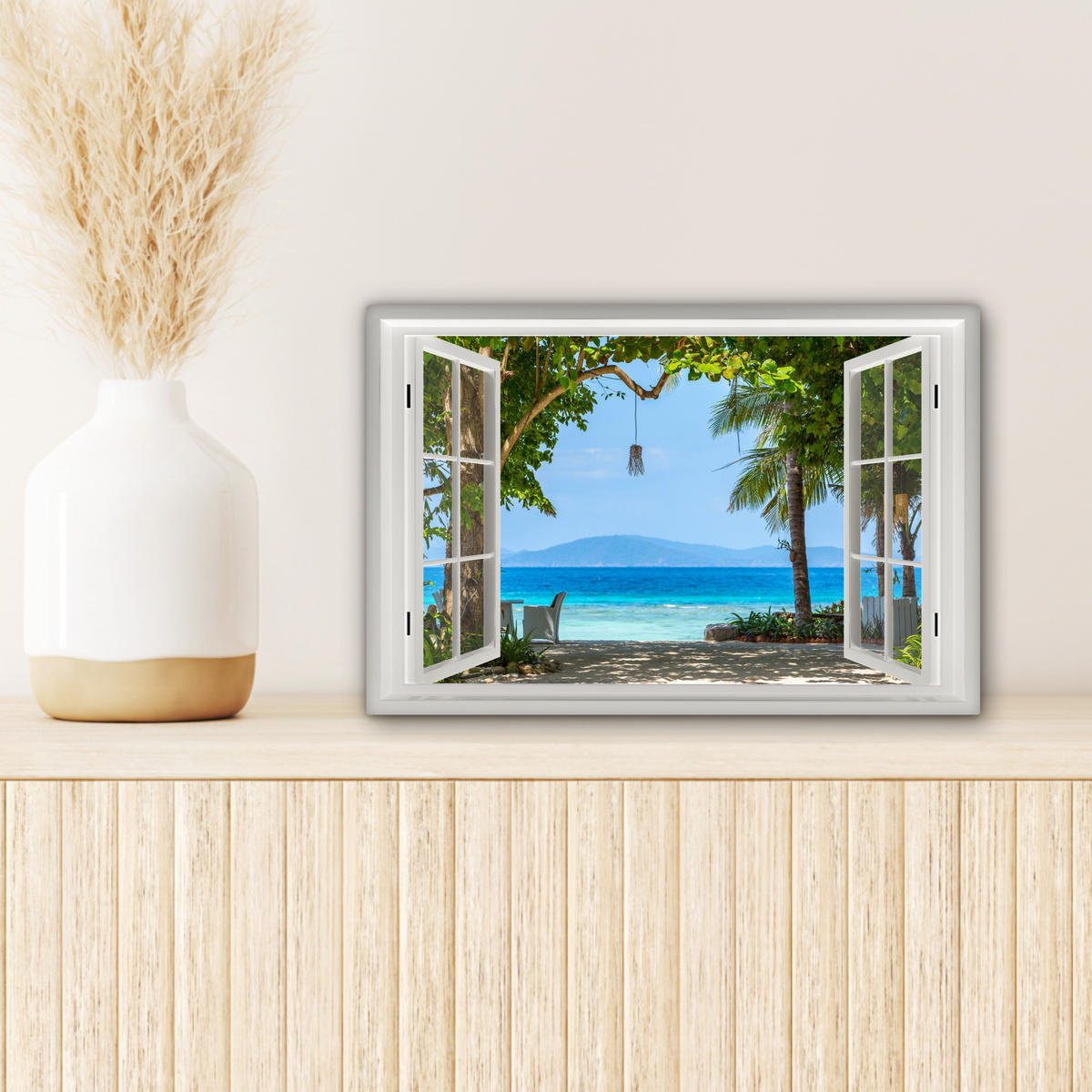 LEINWANDBILD Aussicht - Baum - Meer - Palme - Hügel - Strand - Blau 30x20 cm - Blau, Textil (30/20cm) - MuchoWow