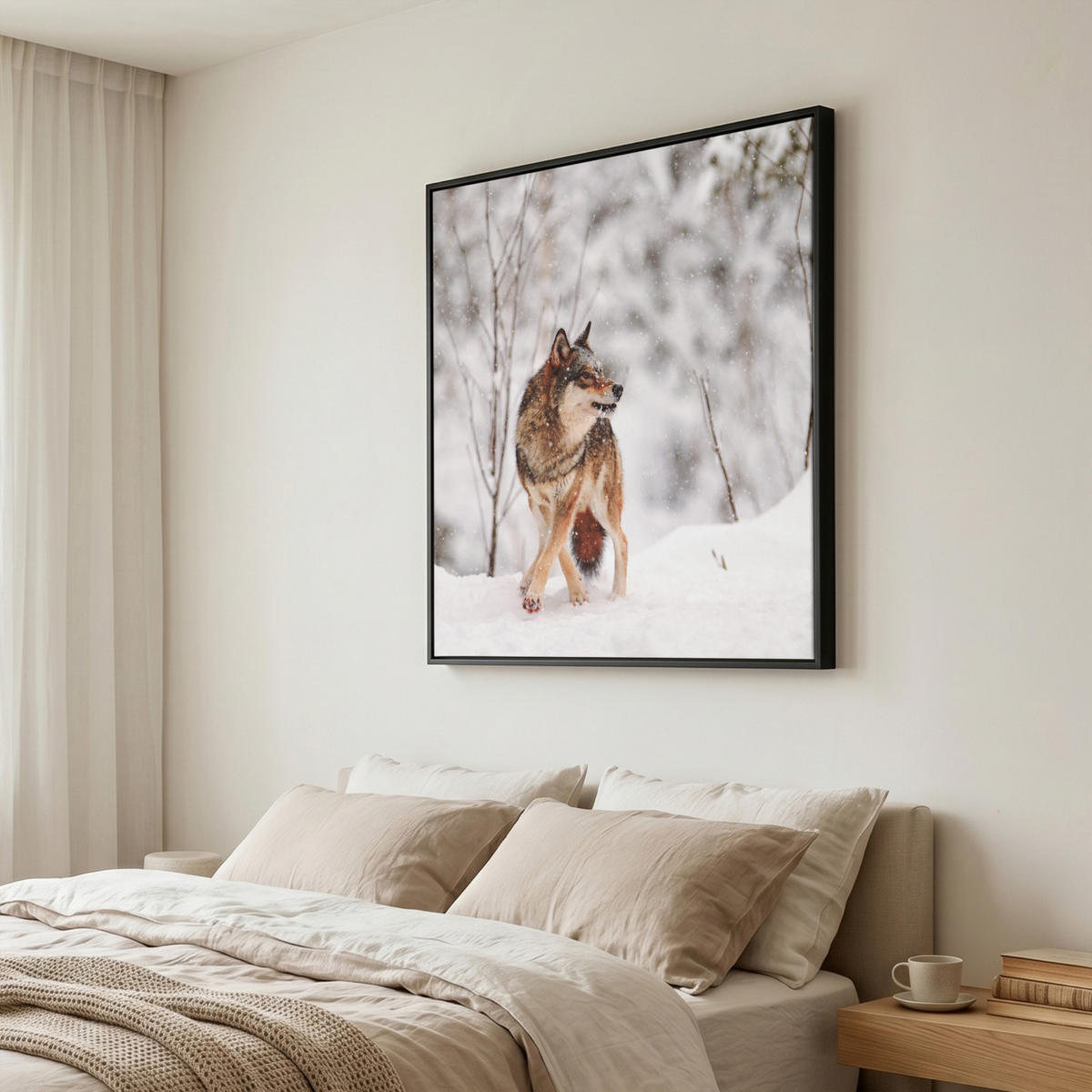 LEINWAND Bilder mit Rahmen - Wolf - Winter - Schnee - Natur - Tiere - 90x90 - Haselnussfarben, Textil (90/90cm) - MuchoWow