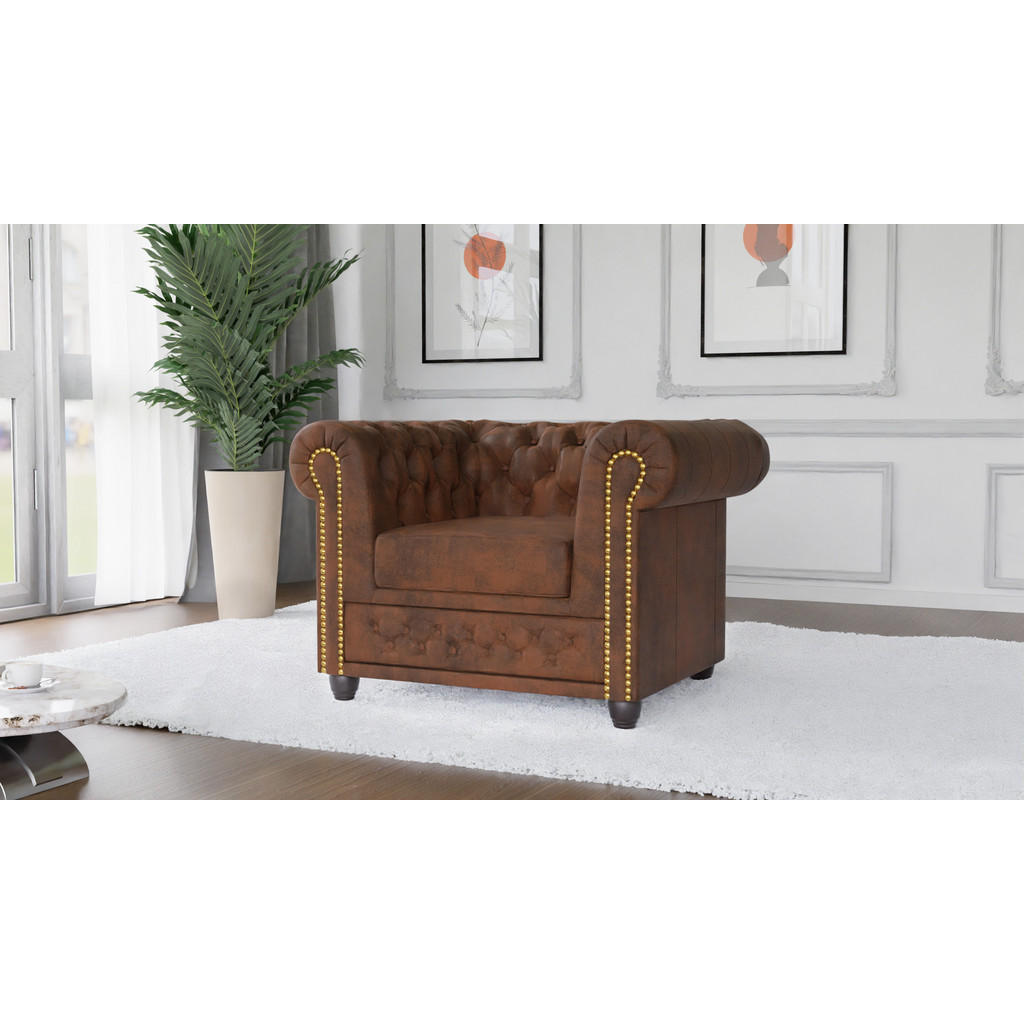 Thumbnail - S-Style Möbel Chesterfield-Sessel, Braun, Textil, Echtholz,Birke, 1-Sitzer, Füllung: Polyetherschaumkern,Silikon,Komfort...