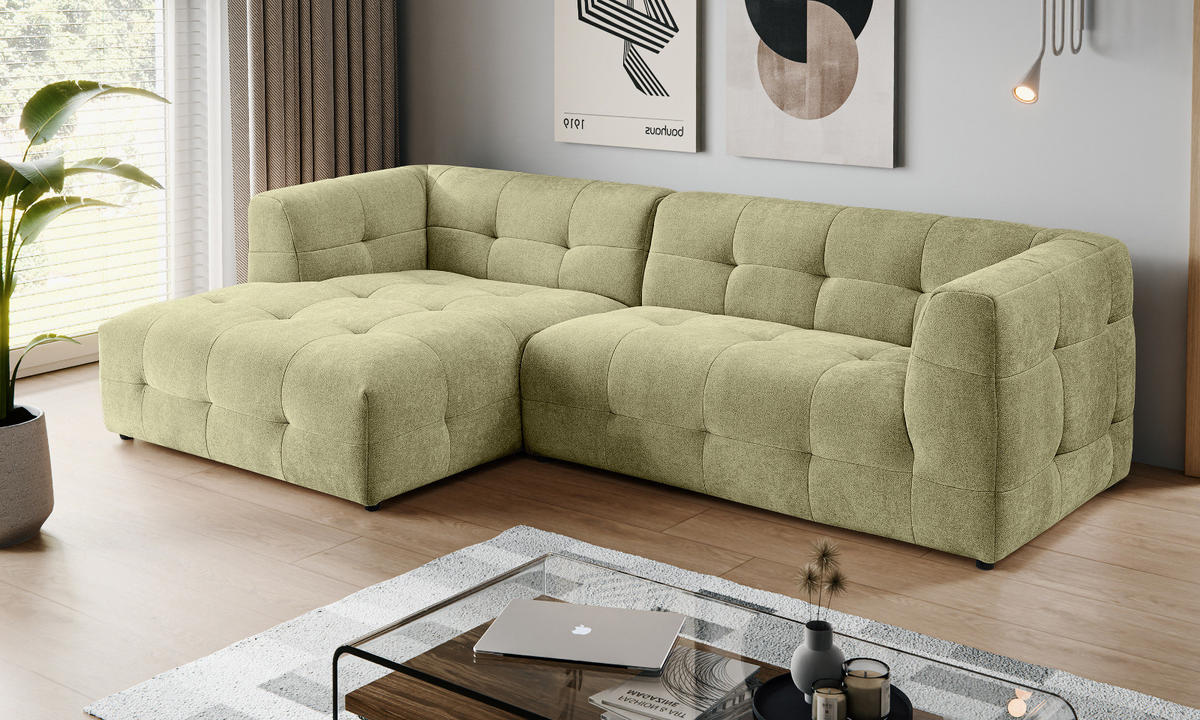 SOFA grün Webstoff 292 x 161 cm, Ecksofa 5-Sitzer, L-Sofa Ottomane links - Grün, Holz/Textil (292/161cm) - Inn.Furn