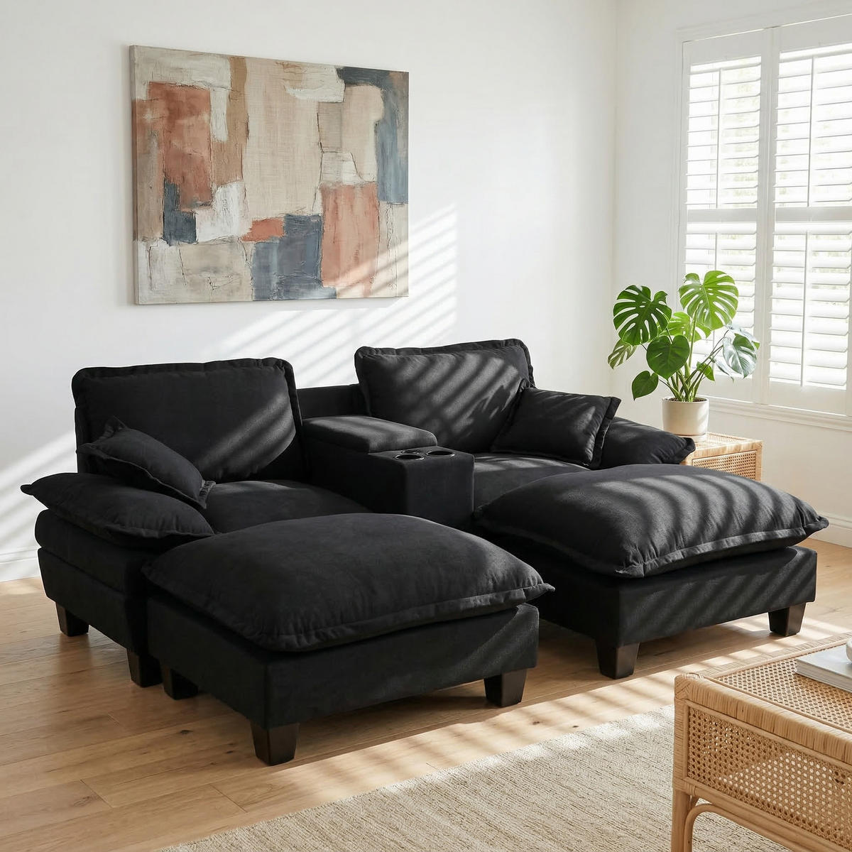 SOFA aus Chenille mit USB-Anschlüssen & Stauraum, schwarz - Schwarz, Textil (155/90/224cm) - Luhomfu