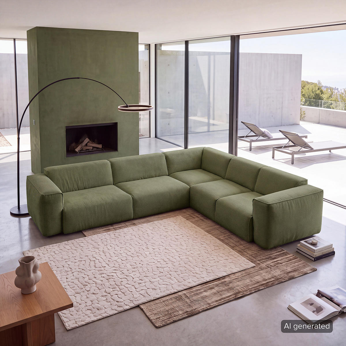 ECKSOFA mit Rundecke - Dunkelgrün/Schwarz, Kunststoff/Textil (325/260cm) - home24