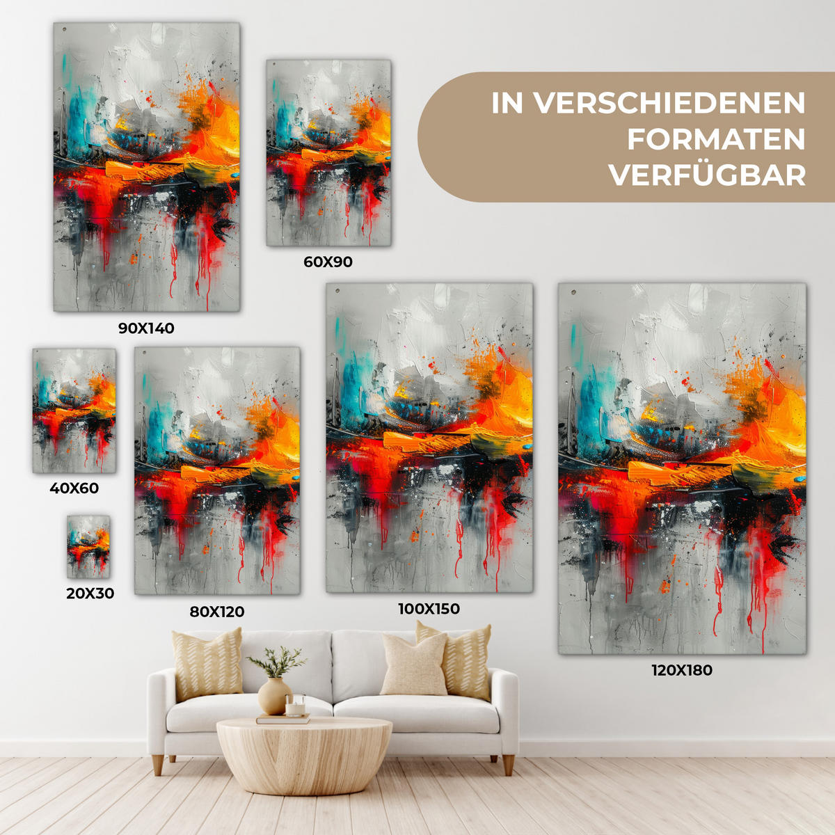 LEINWANDBILD Moderne Kunst - Orange - Grau - Abstrakt 40x60 cm - Hellgrau, Textil (40/60cm) - MuchoWow