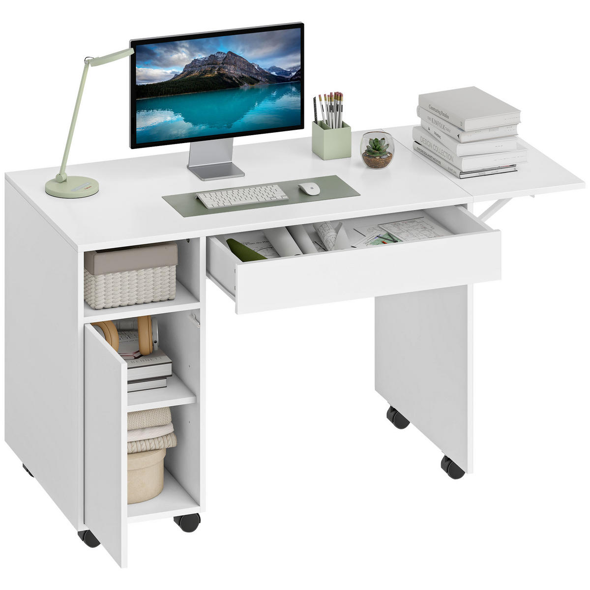 SCHREIBTISCH Weiß mit Rollen klappbarer Platte und Schublade 130/58/73 cm - Weiß, Holzwerkstoff (58/130/73.2cm) - PANGIVO