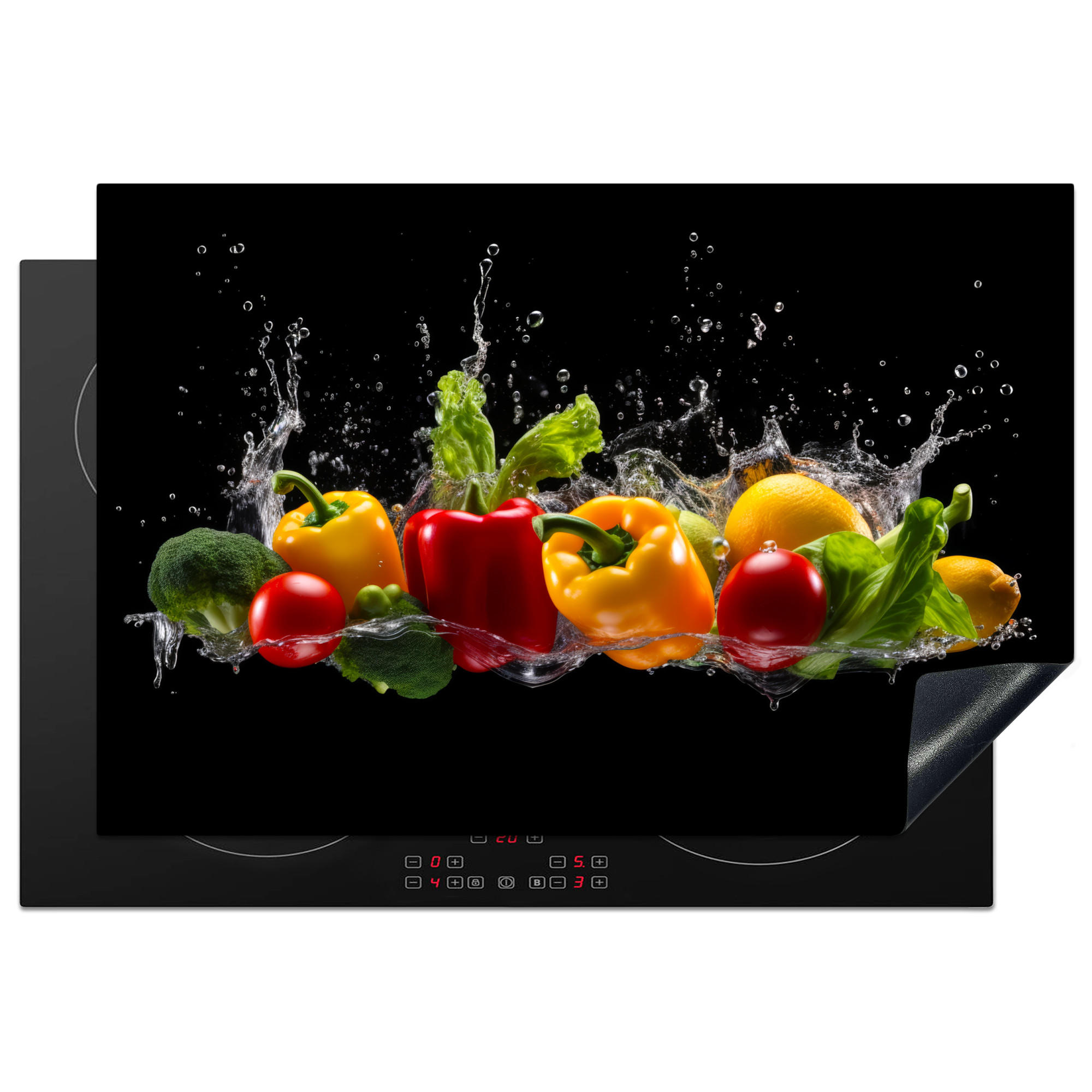 HERDABDECKPLATTE Paprika - Wasser - Gemüse - Schwarz 78x52 cm - Multicolor, Kunststoff (78/0.2/52cm) - MuchoWow