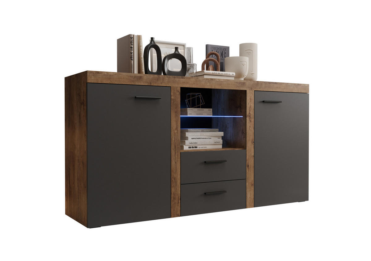 KOMMODE London LRK mit 2 Türen, Sideboard in Farbe: Dunkelgrau|Braun, Größe: 156 x 82 x 40 cm - Dunkelgrau/Braun, Holzwerkstoff (156/82/40cm) - O-Sofa