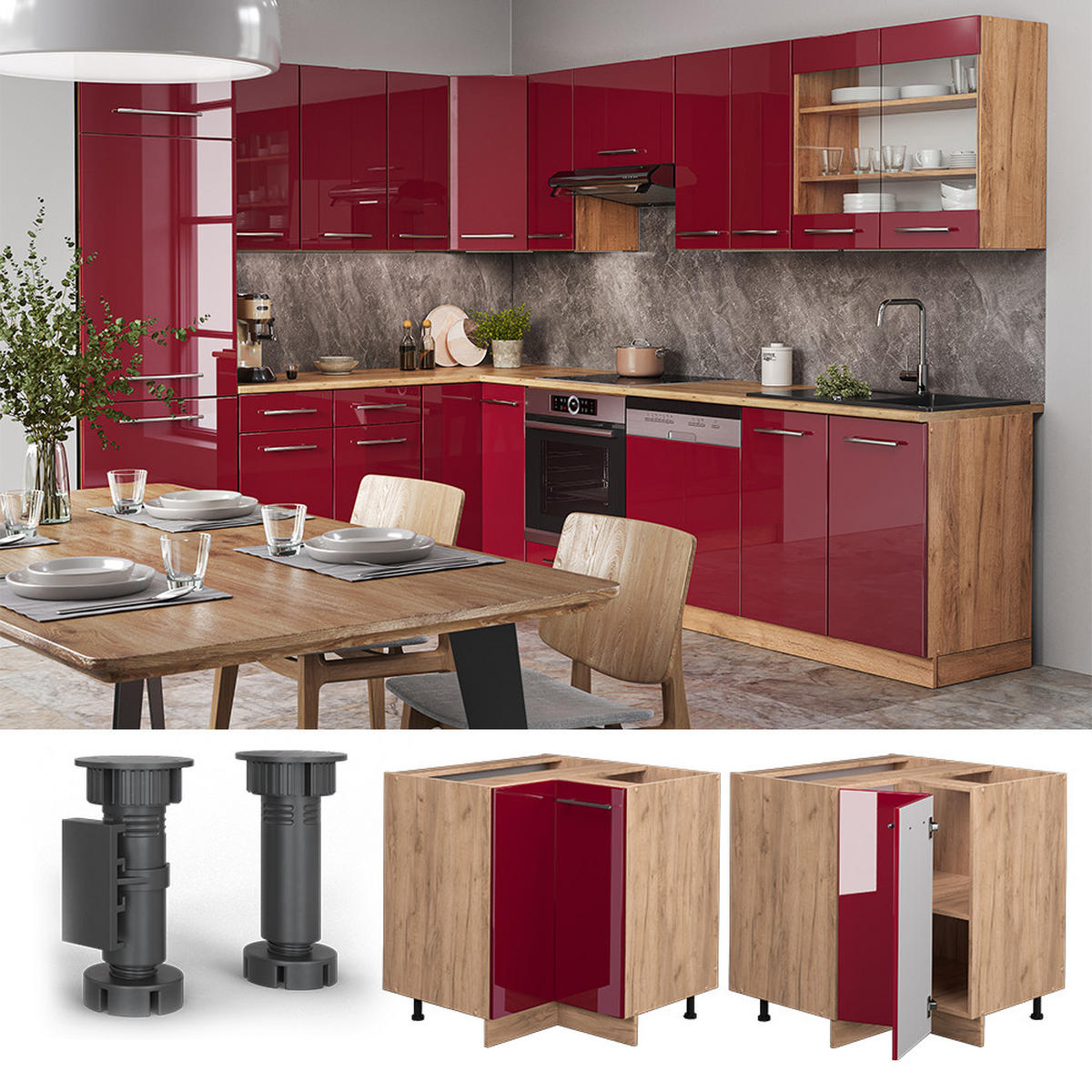 ECKUNTERSCHRANK Fame-Line Bordeaux Hochglanz 80.5 cm, AP Marmor - Honigeiche/Bordeaux, Holzwerkstoff (80.5/82/60cm) - Vicco