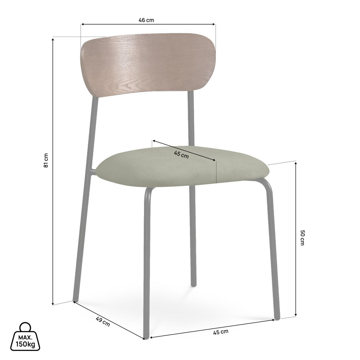 STÜHLE 4er-Set skandinavisch aus khakifarbenem Cord und Eschenfurnier mit schwarzen Metallbeinen – OLIVIA - Schwarz/Grün, Textil/Metall (46/81/50.5cm) - Sicaan