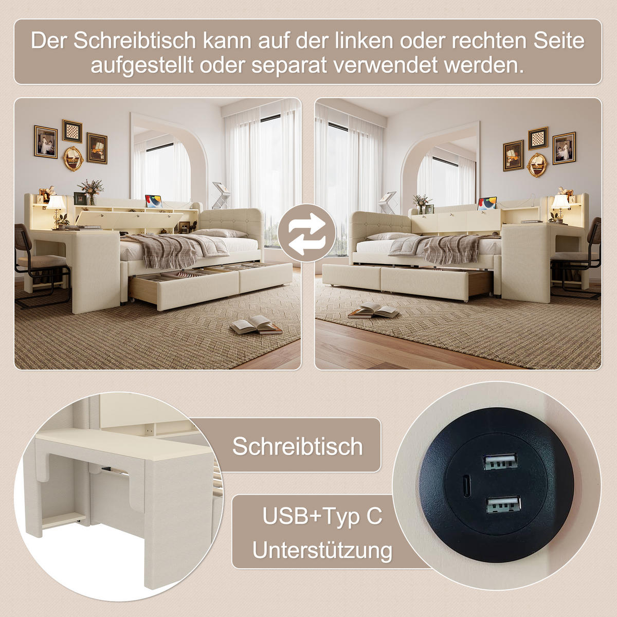 TAGEBETT 90x200cm Beige Leinen 2 Schubladen Schreibtisch USB-C - Beige, Holz (90/200cm) - FLIEKS