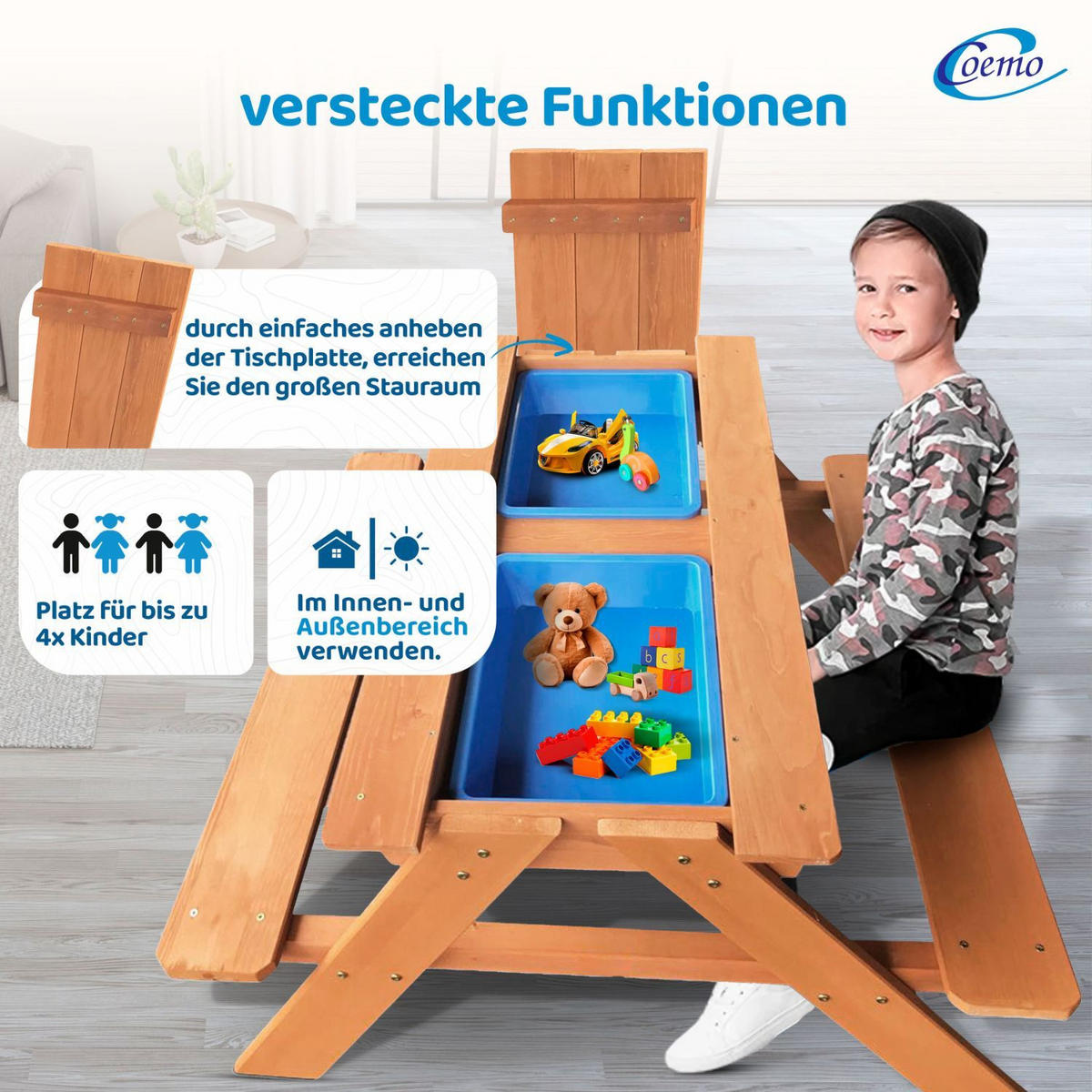 2IN1 KINDERSITZGRUPPE Sand-und Wasserspieltisch Kinder - Naturfarben, Holz - Coemo