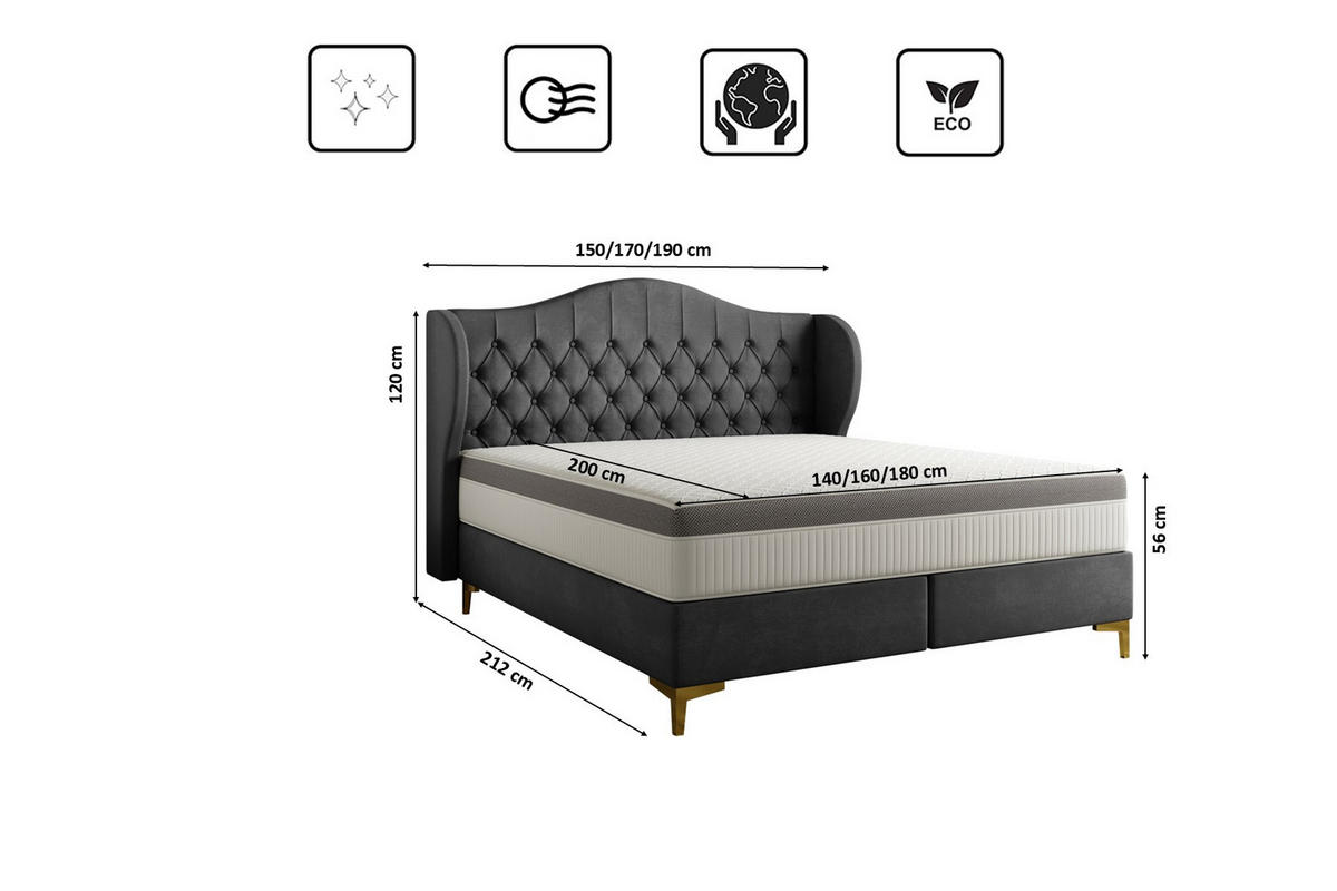 BETT mit Taschenmatratze LEGEND, Whisper-Stoff Graphit 180x200 cm - Graphitfarben, Holz/Textil (180/200cm) - Kaiser Möbel