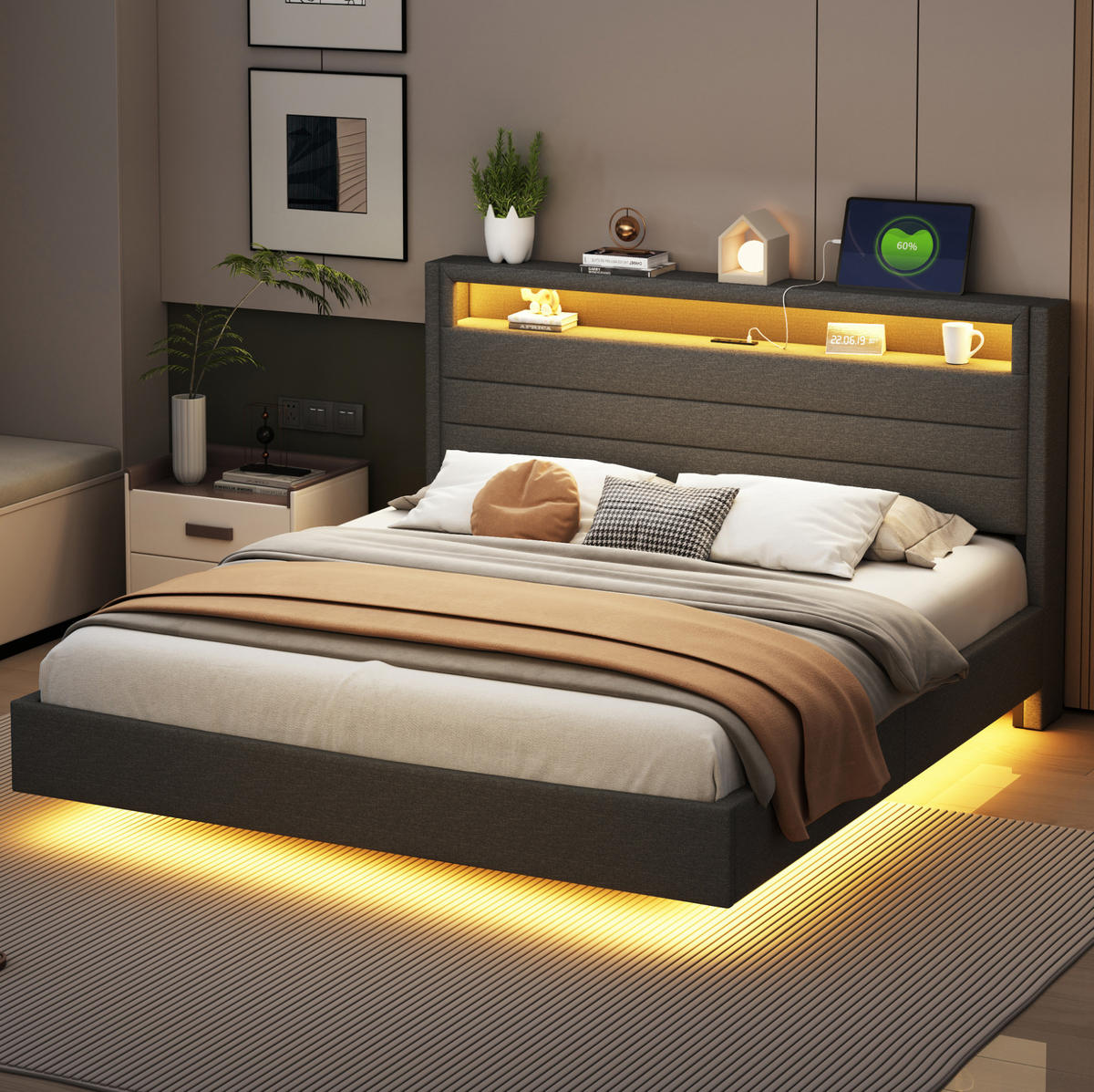POLSTERBETT aus Leinenstoff 160x200 cm Grau mit LED-Beleuchtung, USB-Anschluss und Stauraum - Grau, Textil (160/200cm) - IVMEU