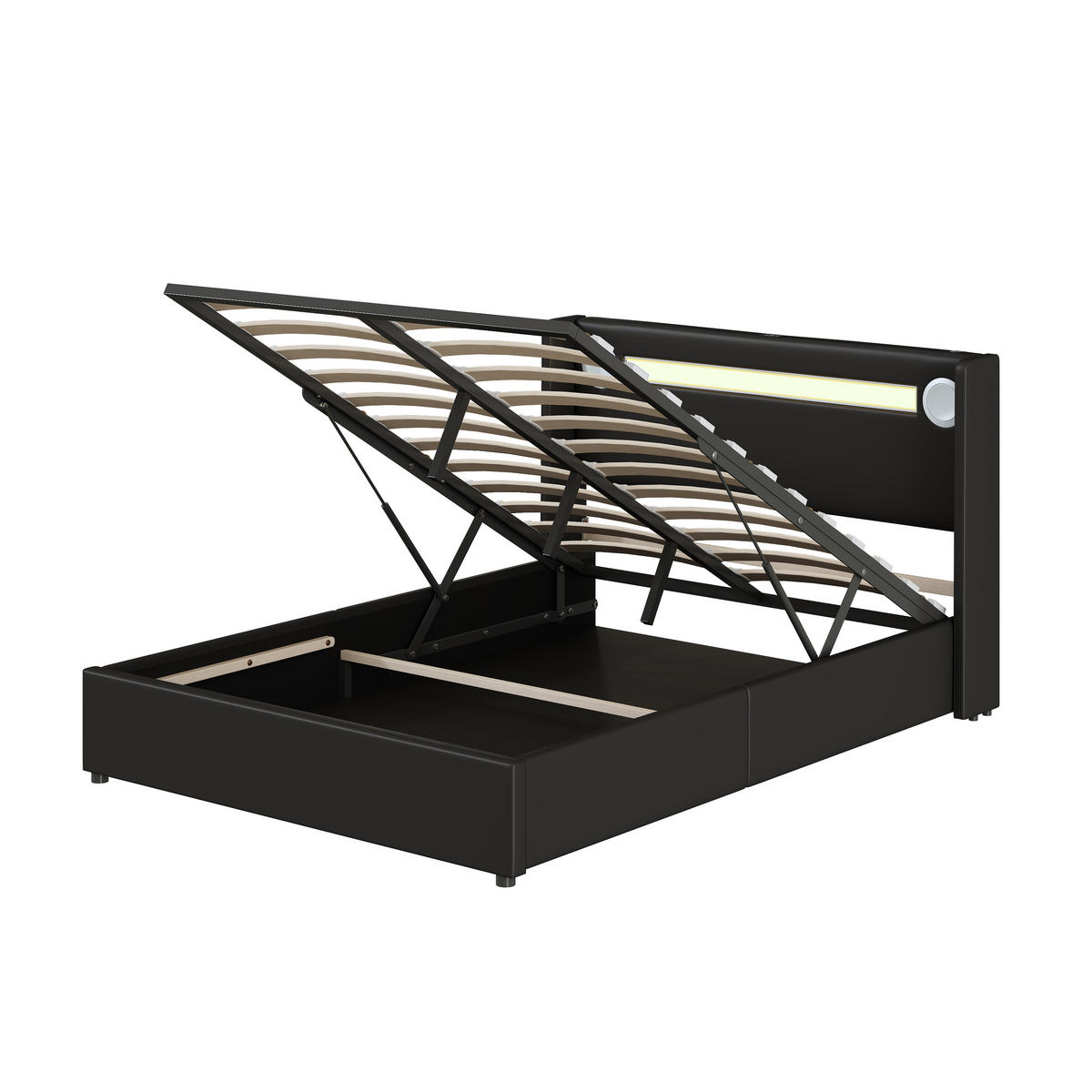 POLSTERBETT 140/200 cm Schwarz mit LED-Beleuchtung und Bluetooth-Player - Schwarz, Kunststoff (140/200cm) - OKWISH