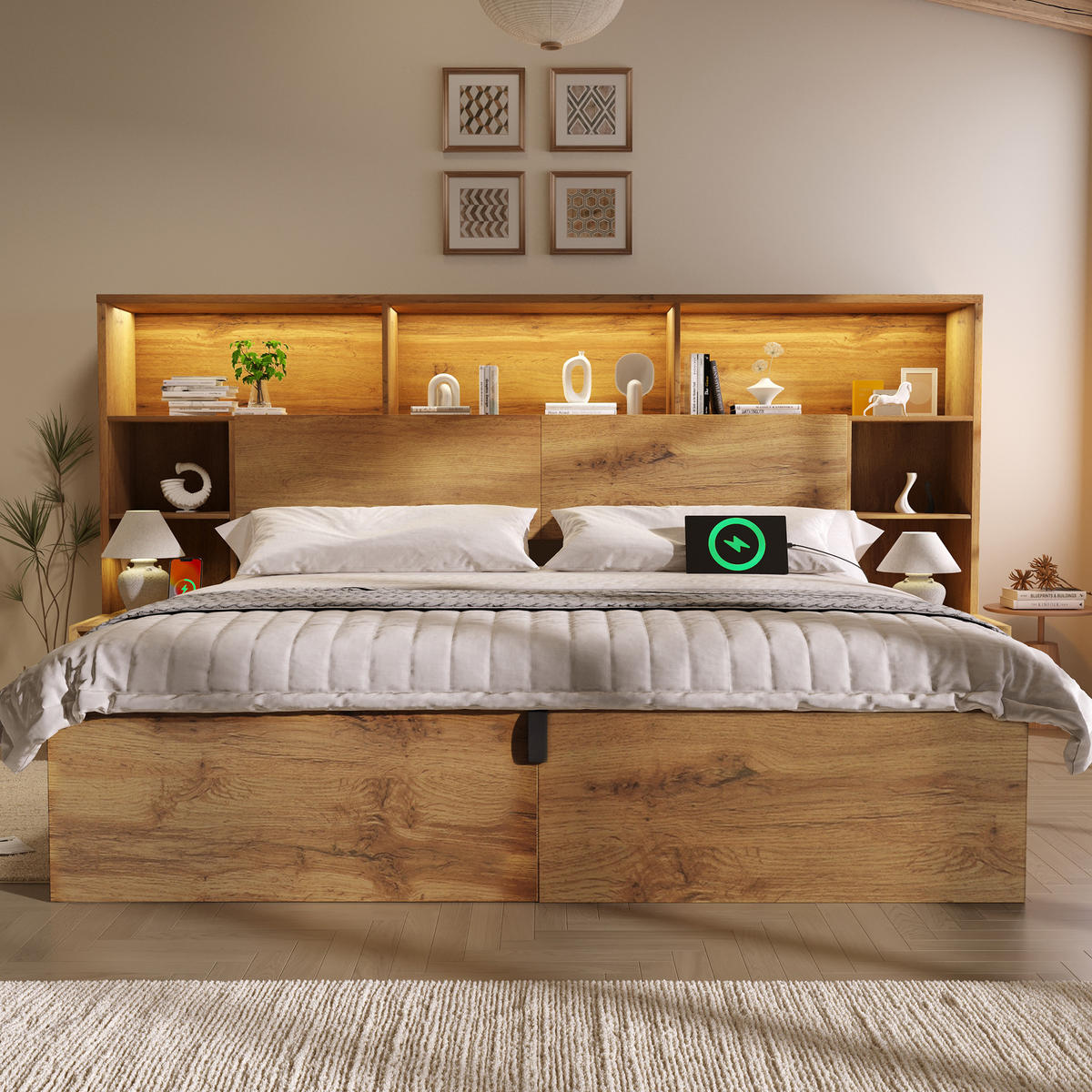 BETT 160/200 cm in Eiche mit Bettkasten, LED, USB und integrierten Nachttischen Holzoptik - Eichefarben, Holzwerkstoff/Metall (160/200cm) - STILVORA