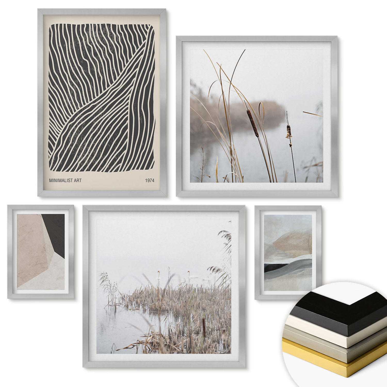 WANDBILDER 5er Set - 50x50 cm & 20x30 cm & 40x60 cm Silberner Rahmen - Abstrakte Boho-Dekorationsmuster - Silberfarben, Kunststoff (40/60cm) - ArtPrintCave