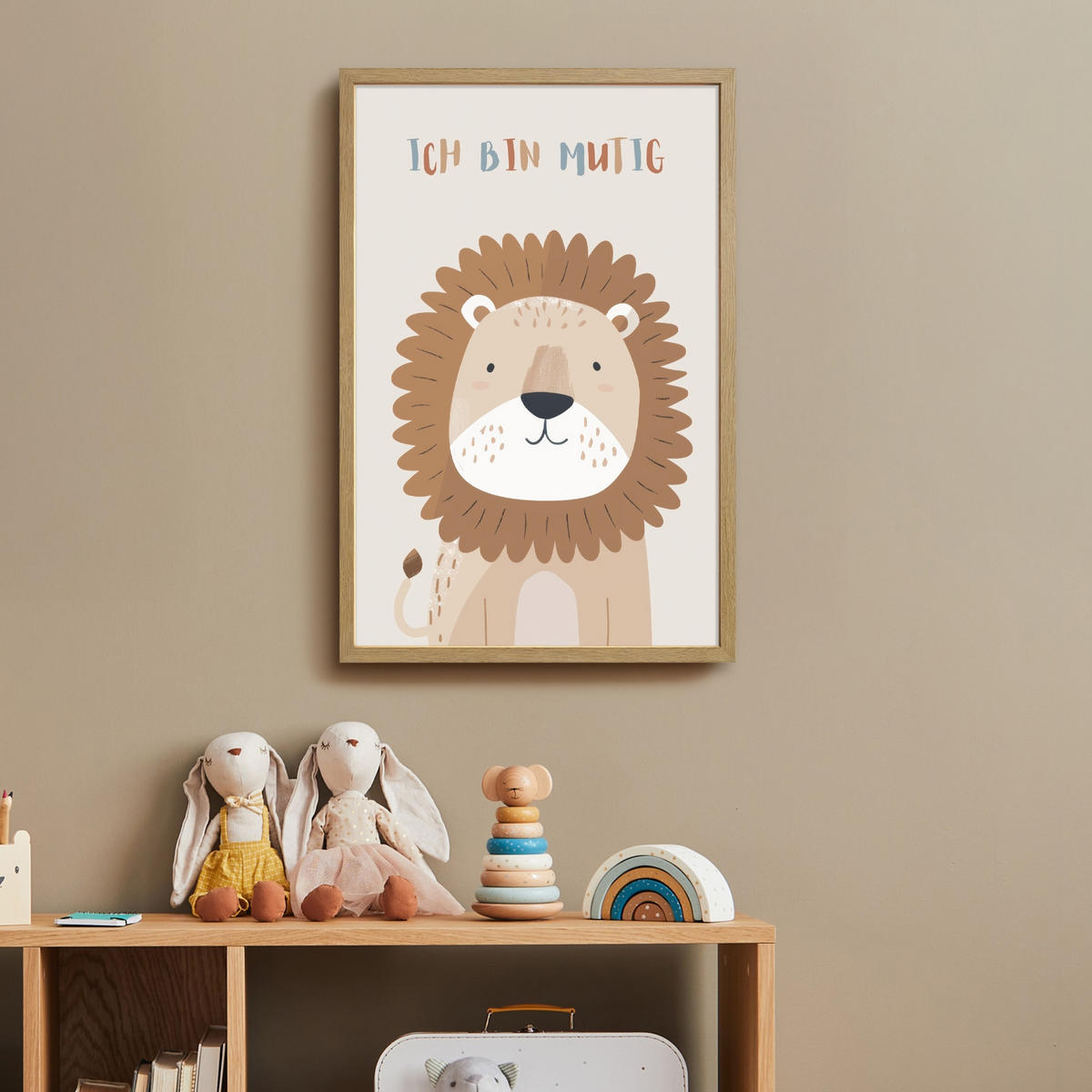 NACHTTISCHLAMPE MIT AKKU Löwe - Beige - Tier - Mutig - Zitat 40x60 cm - Beige, Holzwerkstoff (8/40/60cm) - OnlyWow