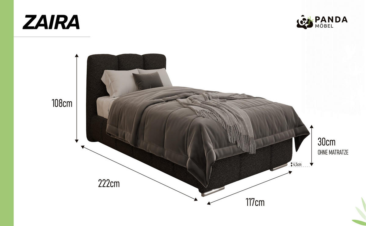 POLSTERBETT ZAIRA 90 x 200 cm mit Bettkasten und Lattenrost, 7-Zonen-Taschenfederkernmatratze CIRA (24 cm) – Graphit - Schwarz, Holz (90/200cm) - Panda Möbel