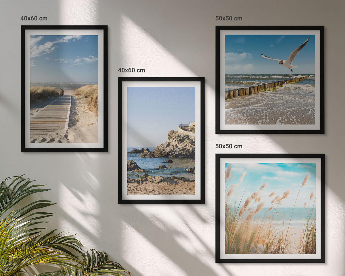 BILDER SET 4er Set - 50x50 cm & 40x60 cm Schwarzer Rahmen - Strand Holzsteg Klippen - Schwarz, Kunststoff (50/50cm) - TULUP