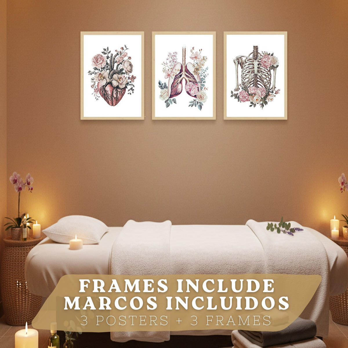 POSTER Set aus 3 Anatomie Florale Drucke und Wandbilder mit Herz Brustkorb und Lungen Detaillierter Illustrationsstil Größe Leichter Holzrahmen A4 - Beige, Papier (21/29.7/3cm) - Nacnic