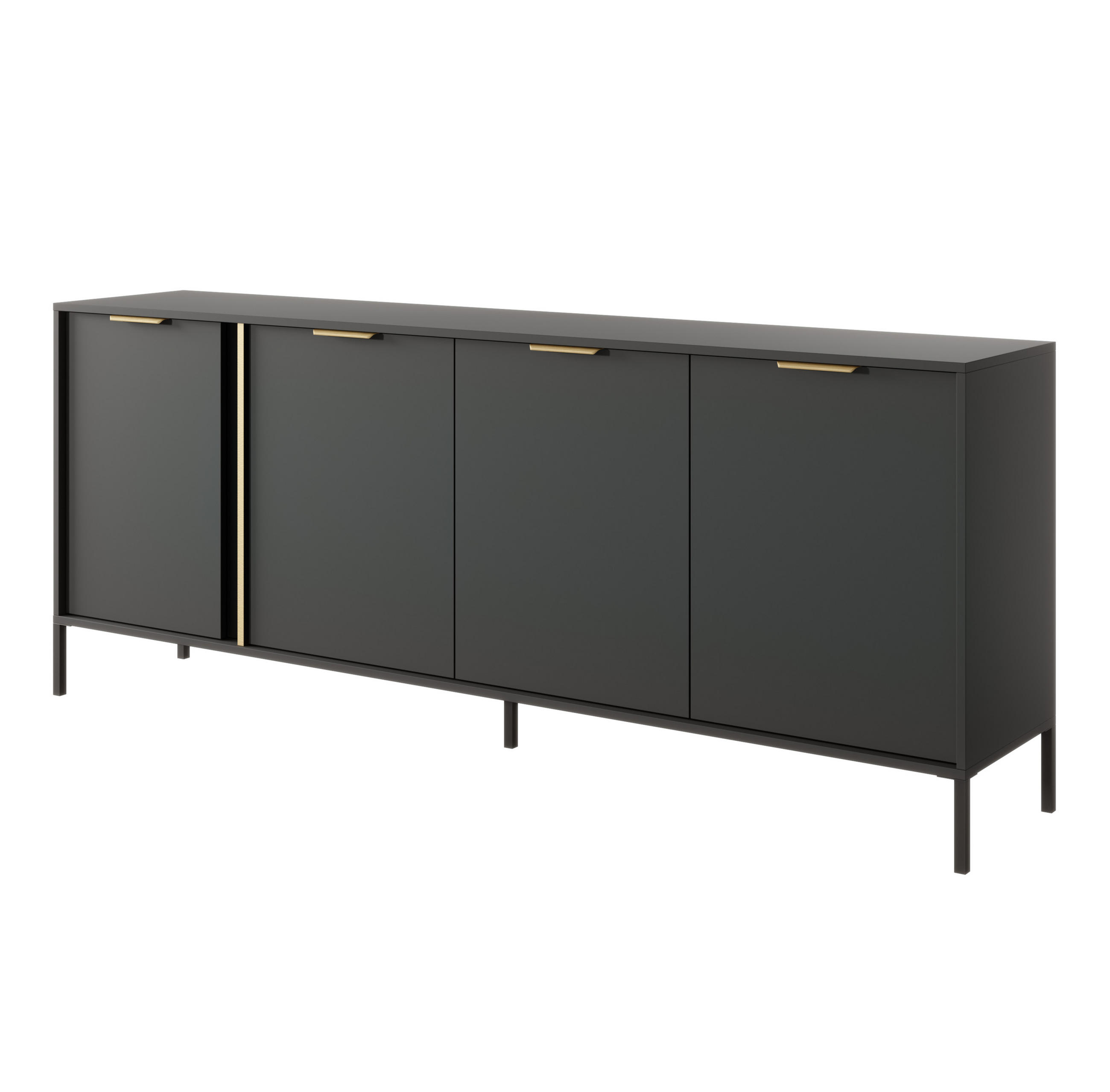 SIDEBOARD Catanian 4T Grau 202,9/81,4/39,5 cm – mit goldenen Griffen und schwarzen Beinen - Schwarz/Grau, Holzwerkstoff/Metall (202.9/81.4/39.5cm) - AX Living