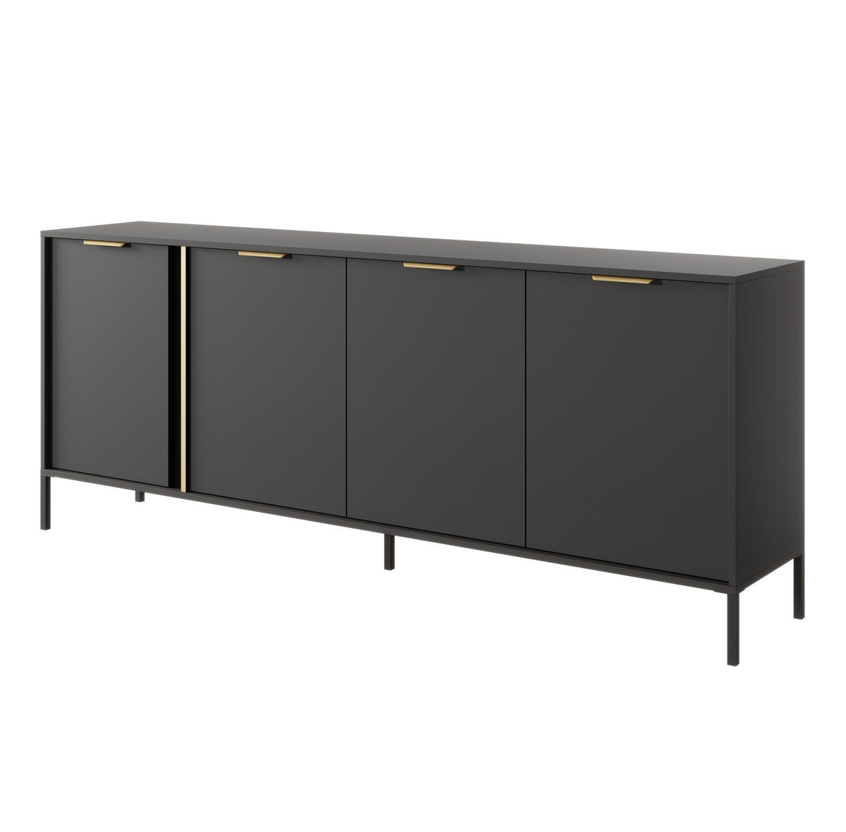 SIDEBOARD Catanian 4T Grau 202,9/81,4/39,5 cm – mit goldenen Griffen und schwarzen Beinen - Schwarz/Grau, Holzwerkstoff/Metall (202.9/81.4/39.5cm) - AX Living