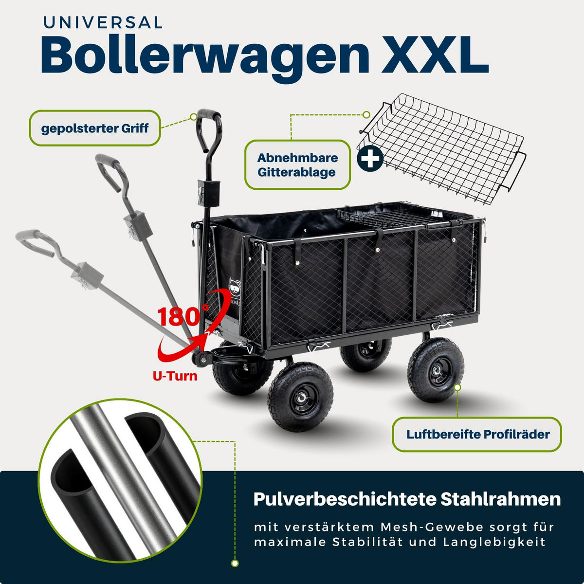 BOLLERWAGEN All Black 205L 96x53x105cm Traglast 550kg Schwarz - Schwarz, Metall (53/96/105cm) - BERLINLODGE